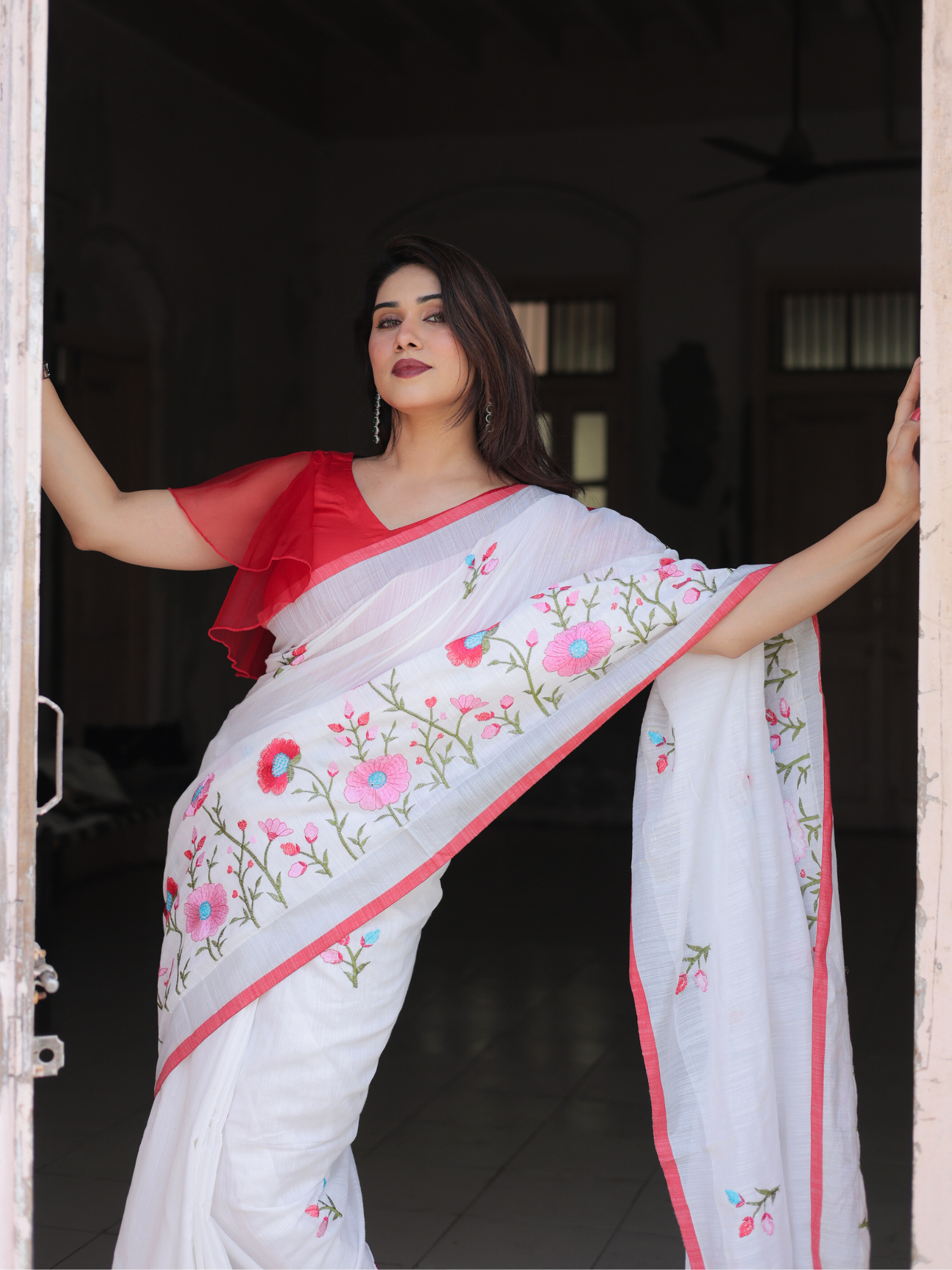 Poppy fields cotton saree with contrast blouse