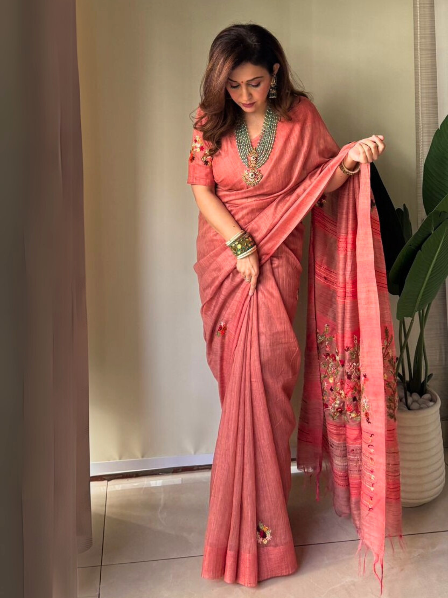 Kiran Linen Hand Embroidery Saree