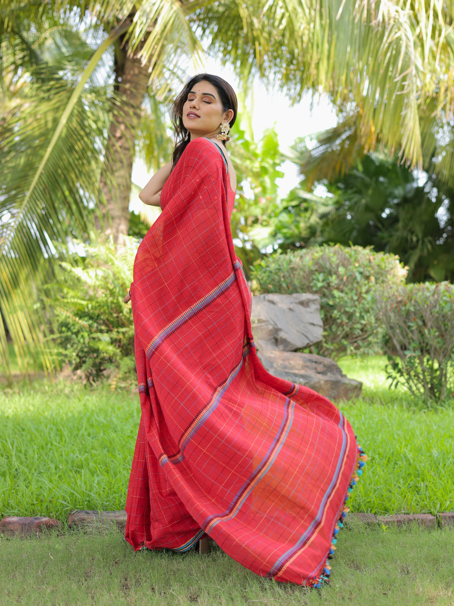 Gulmohar red handloom cotton saree with blouse