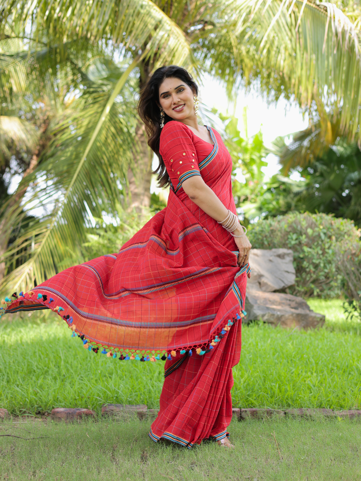 Gulmohar red handloom cotton saree with blouse