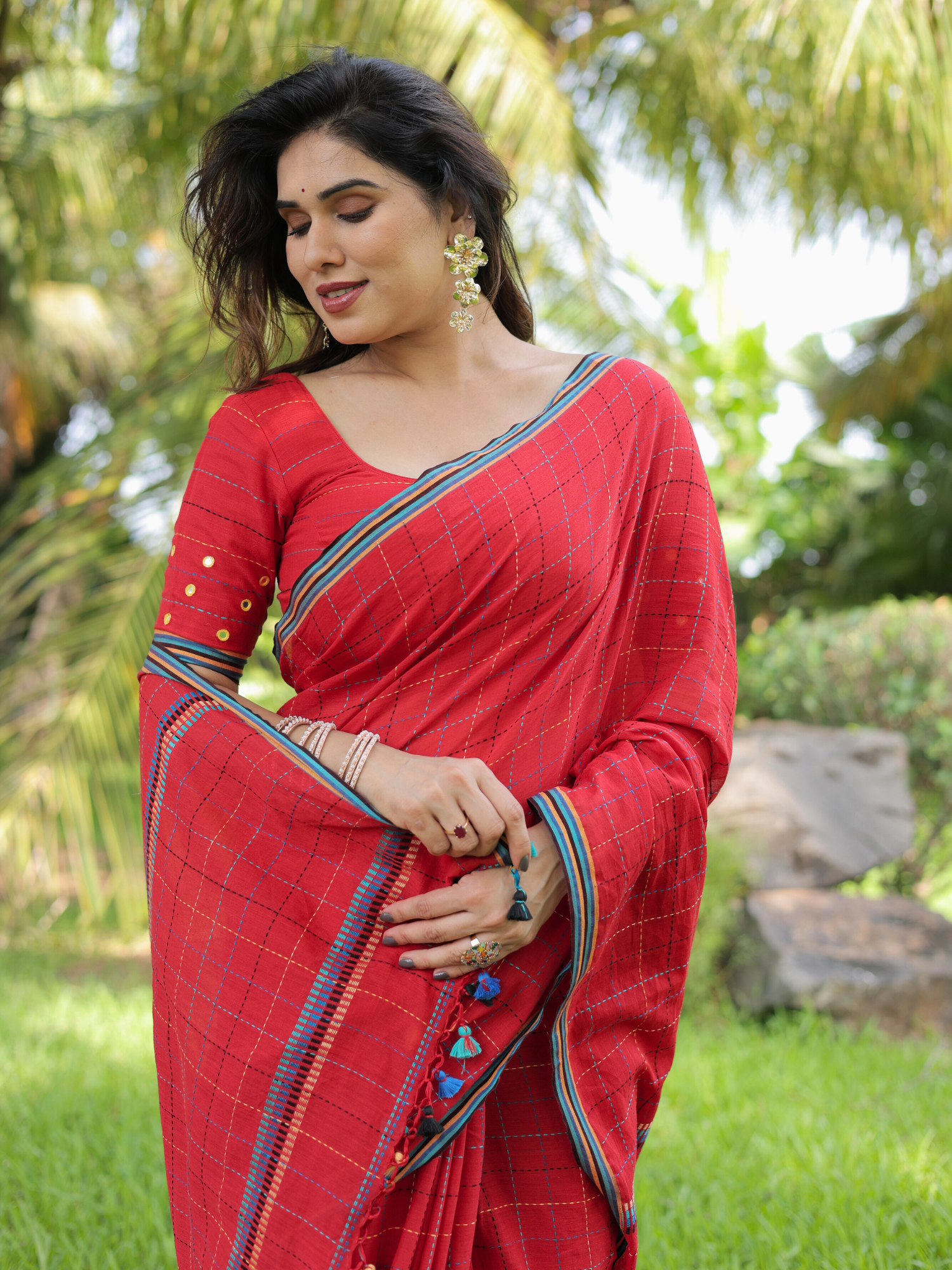 Gulmohar red handloom cotton saree with blouse