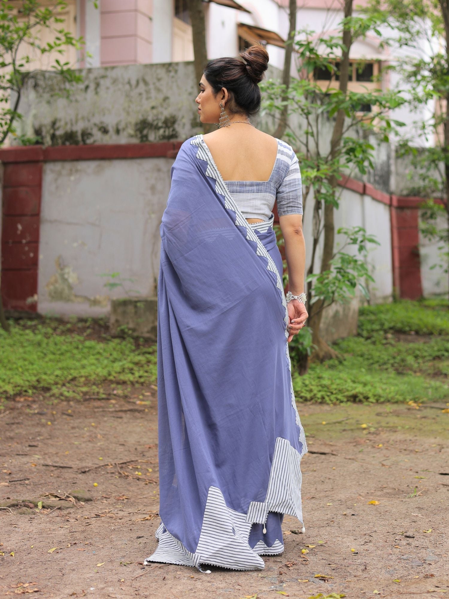 Dusty blue cotton hand applique saree with blouse