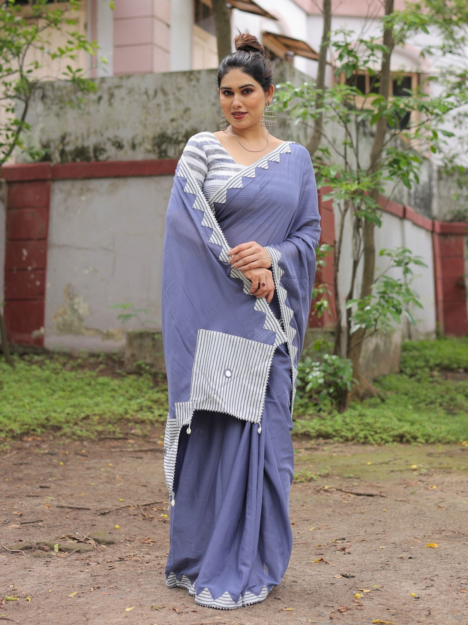 Dusty blue cotton hand applique saree with blouse