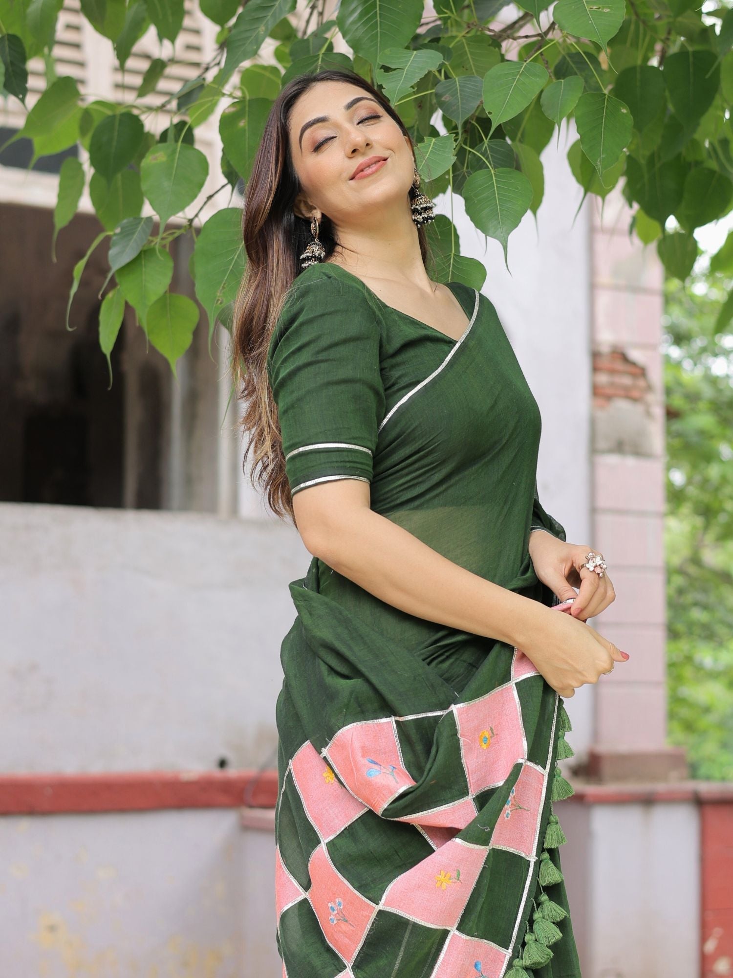 Sandesh- bottle green patchwork saree with blouse