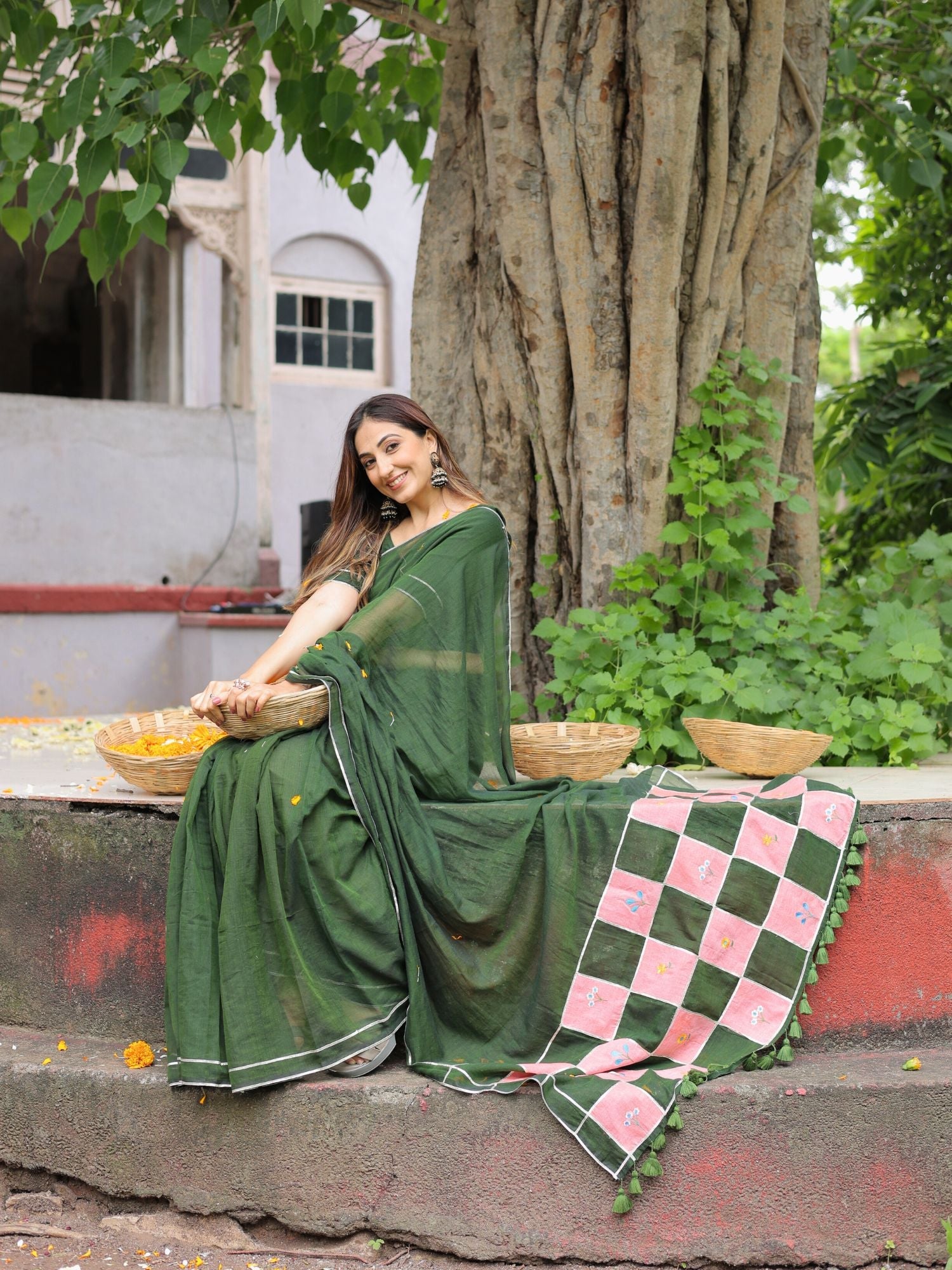 Sandesh- bottle green patchwork saree with blouse