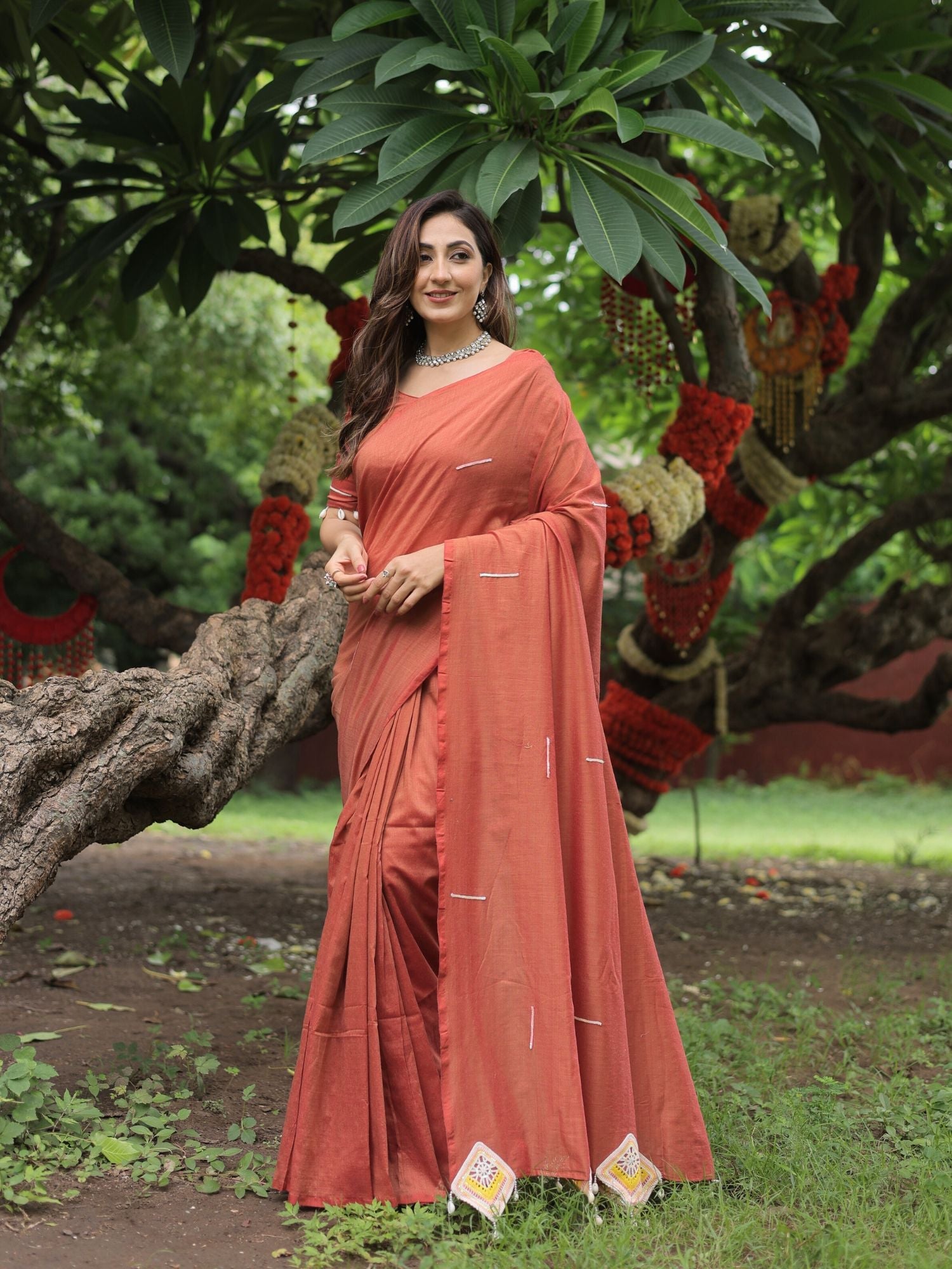 Saanjh- Rust Orange crochet applique saree with blouse
