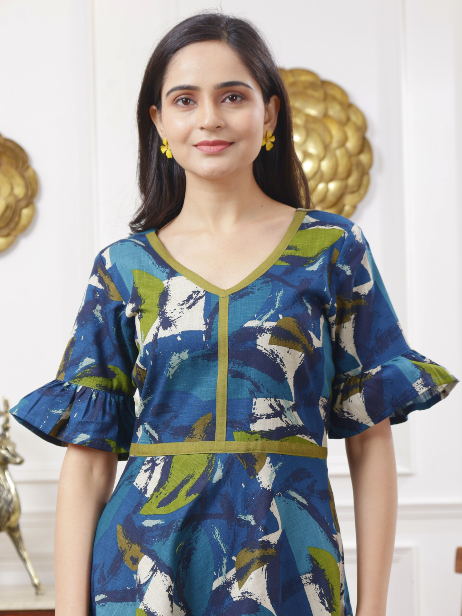 Serene Teal Blue Green Multicolor Slub Cotton Umbrella Dress Ruffle Sleeves