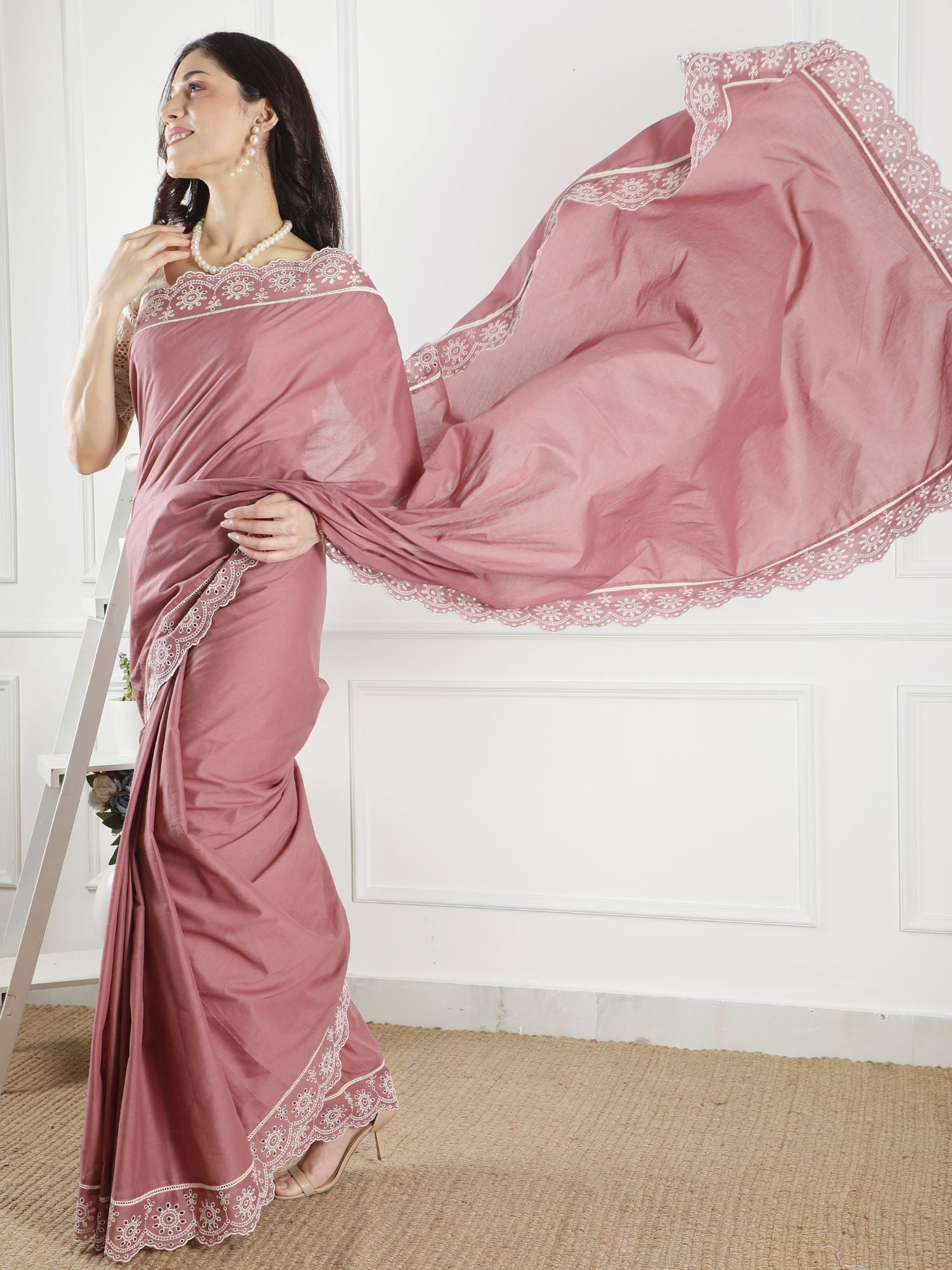 Refined Dusty Pink Cotton Lace Border Saree Schiffli Blouse - Yamuna
