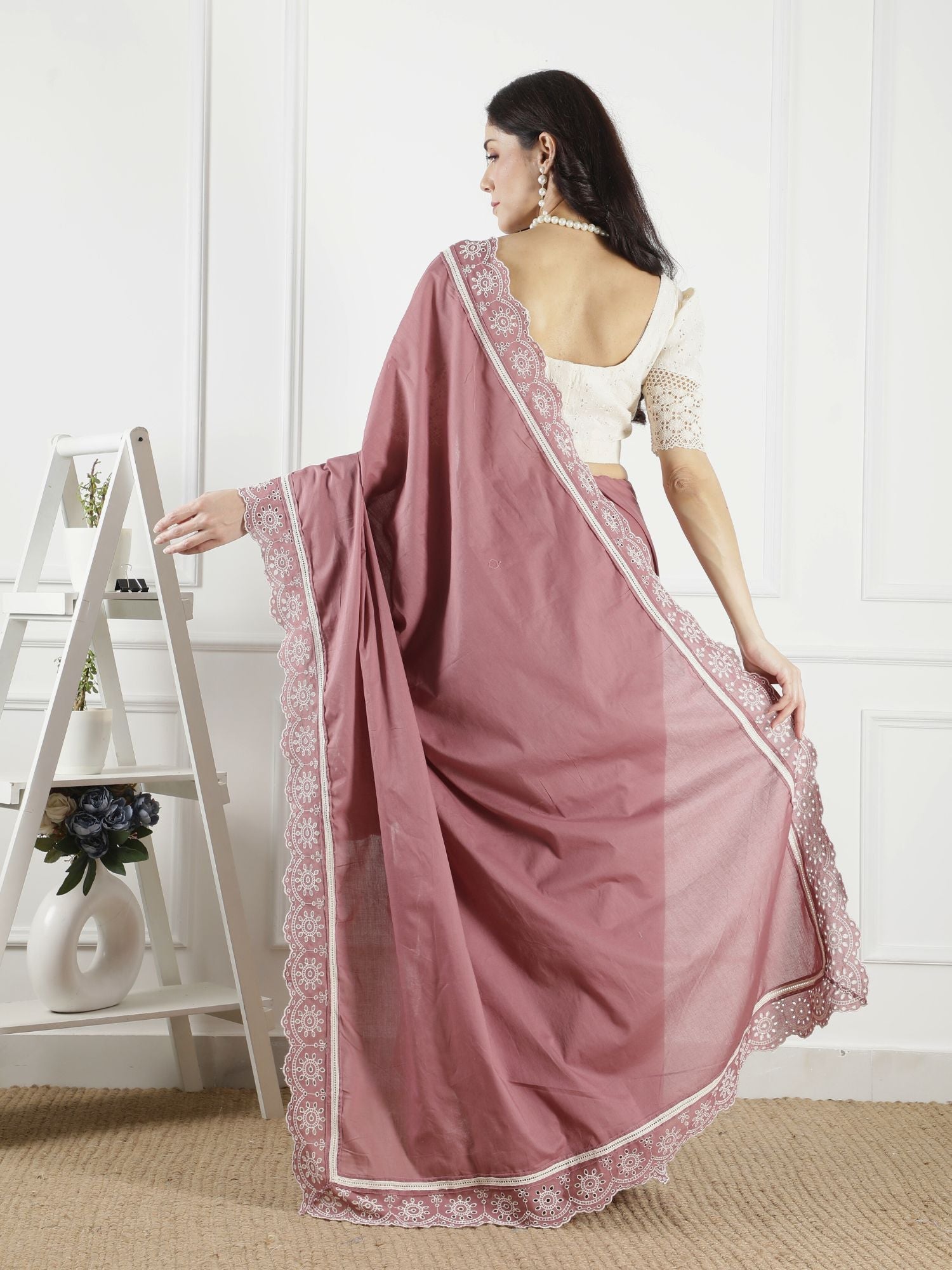 Refined Dusty Pink Cotton Lace Border Saree Schiffli Blouse - Yamuna