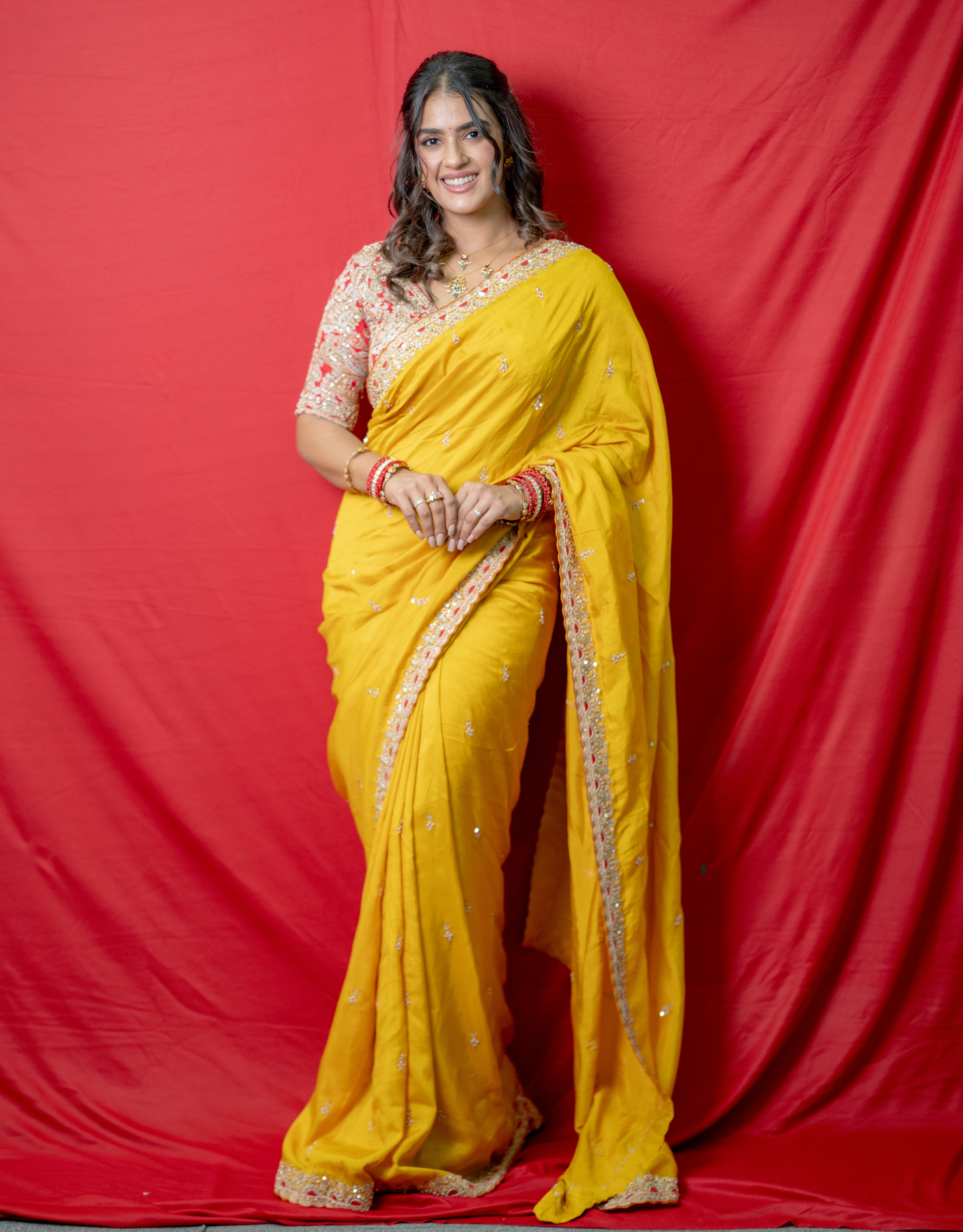 Yellow Silk Saree Zardosi Border Red Thread Printed Blouse