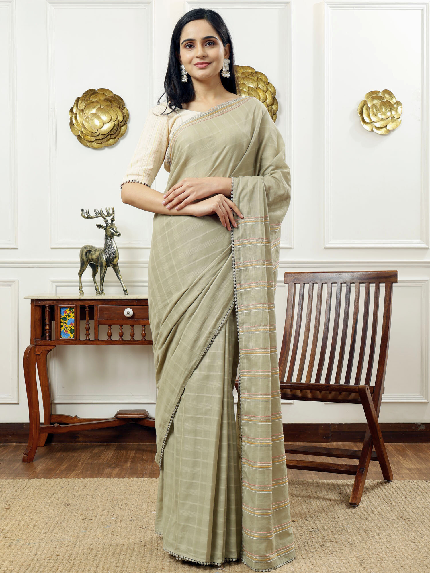 Soothing Sage Green Cotton Check Saree Anchor Thread Pallu