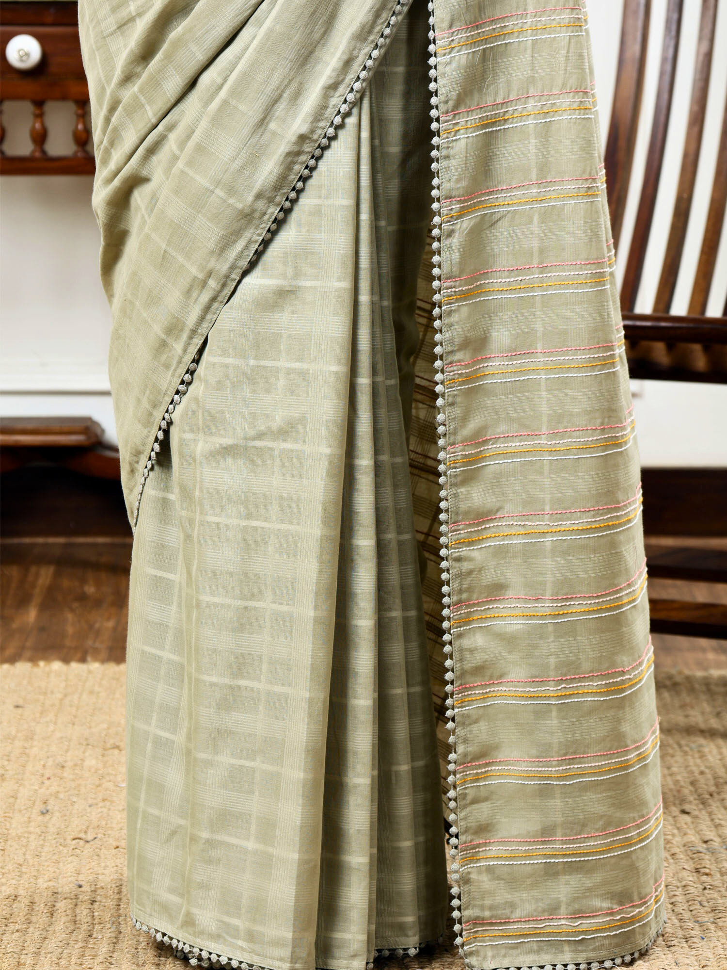 Soothing Sage Green Cotton Check Saree Anchor Thread Pallu