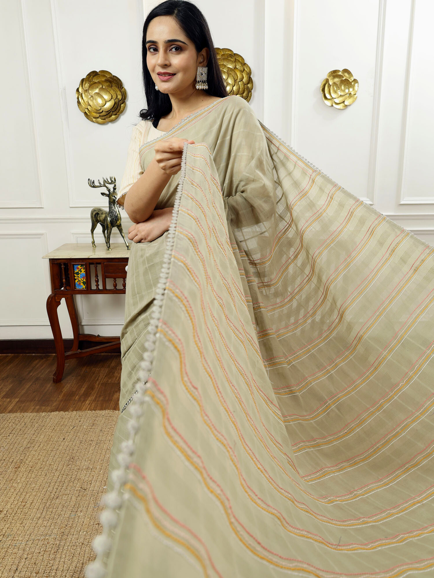 Soothing Sage Green Cotton Check Saree Anchor Thread Pallu