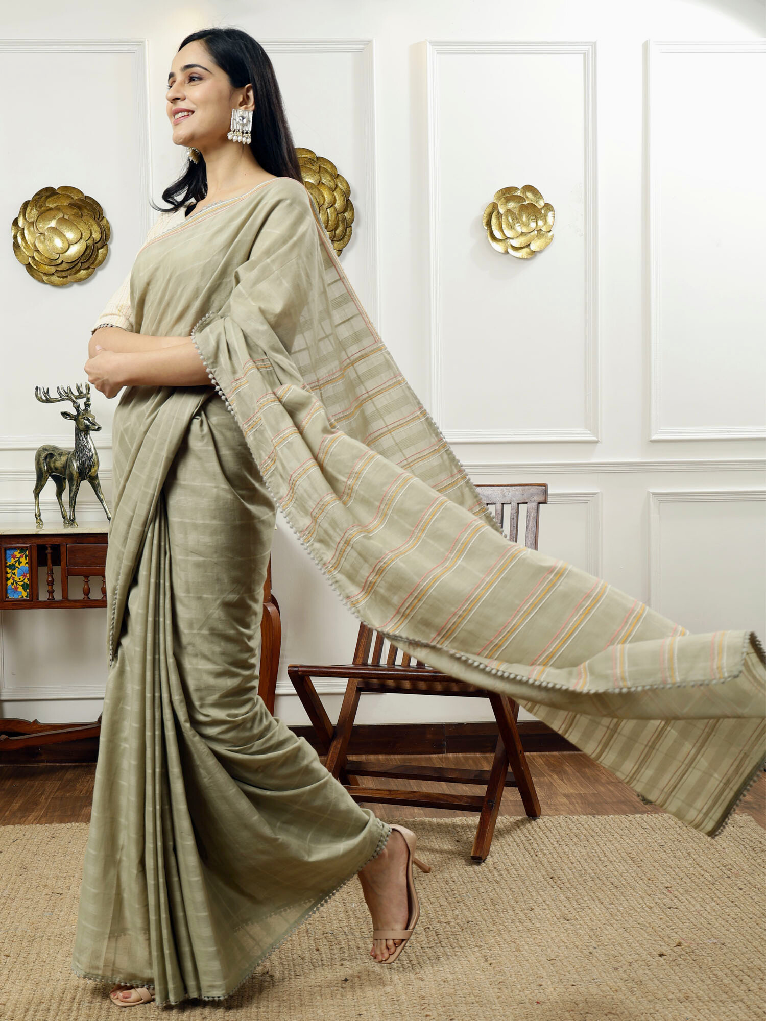 Soothing Sage Green Cotton Check Saree Anchor Thread Pallu