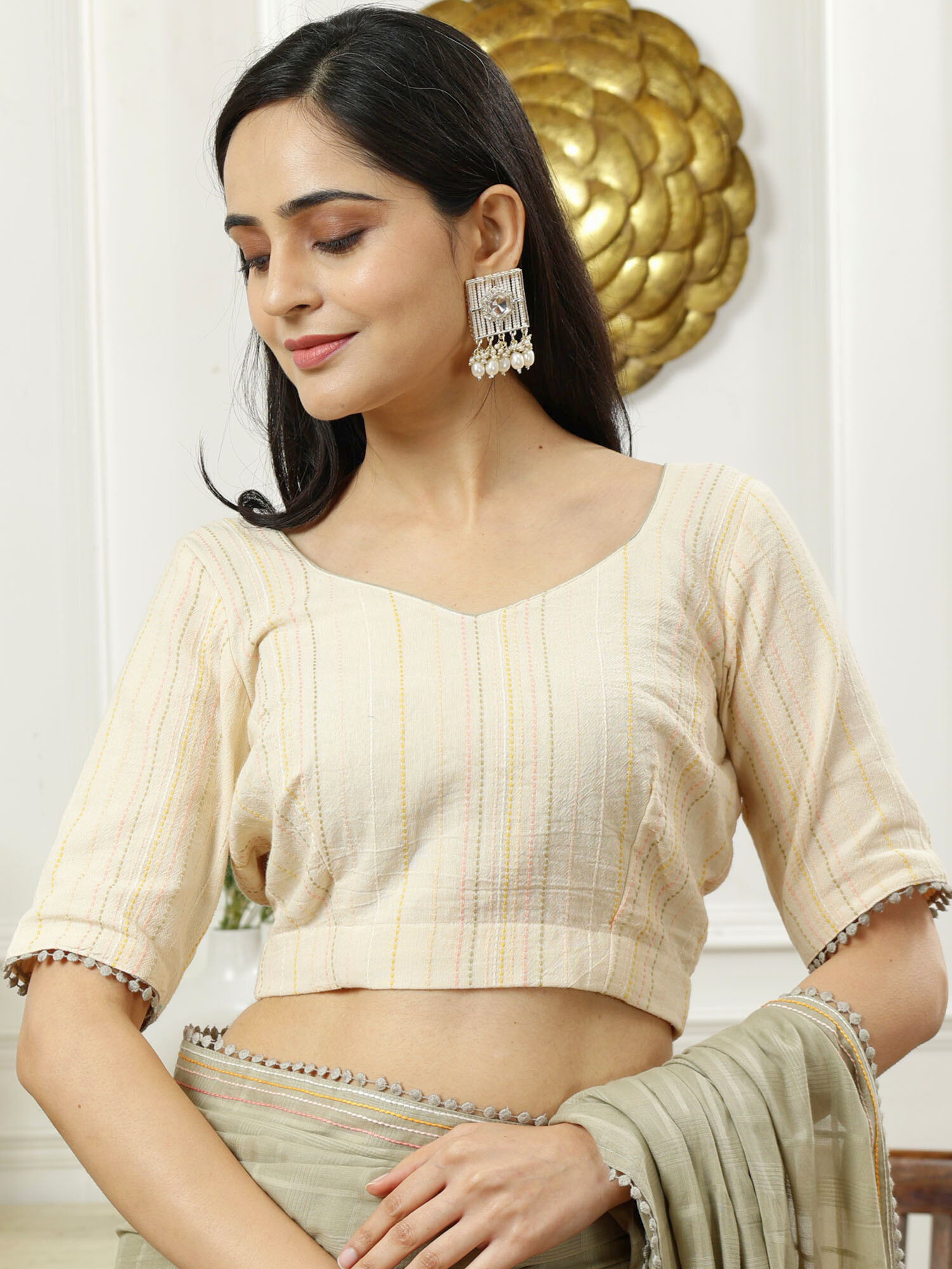 Soothing Sage Green Cotton Check Saree Anchor Thread Pallu