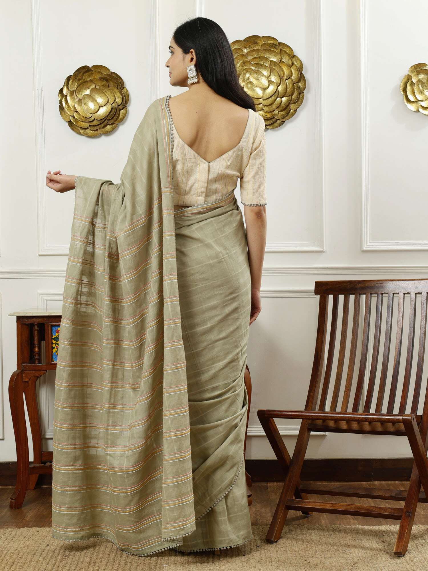 Soothing Sage Green Cotton Check Saree Anchor Thread Pallu