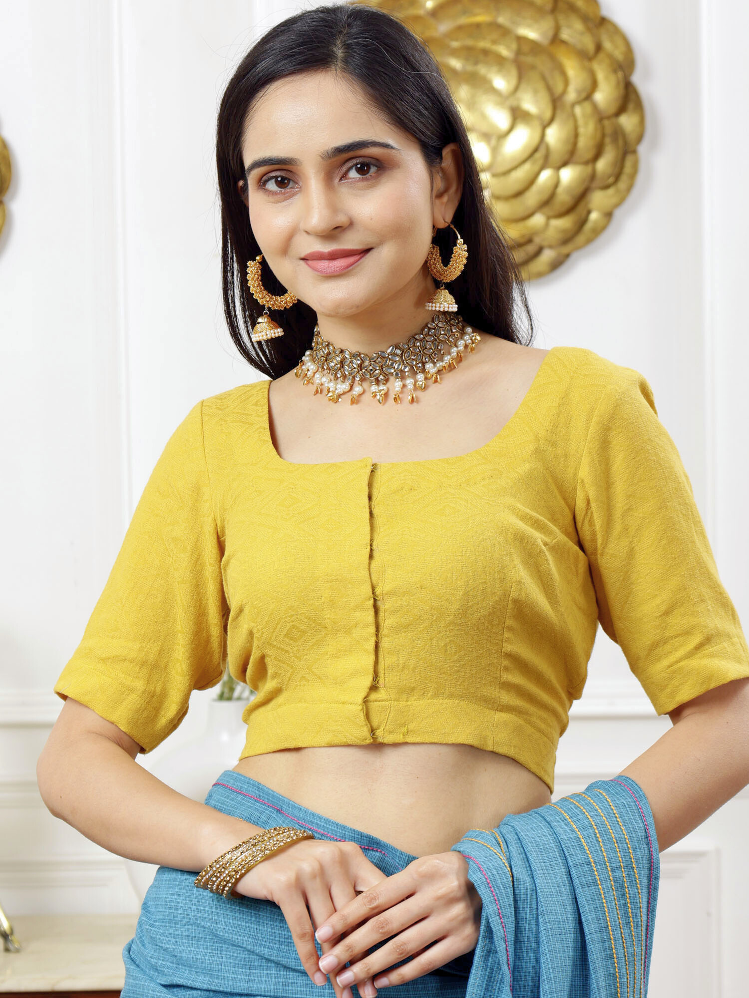 Unique Teal Blue Cotton Check Saree Anchor Thread Border