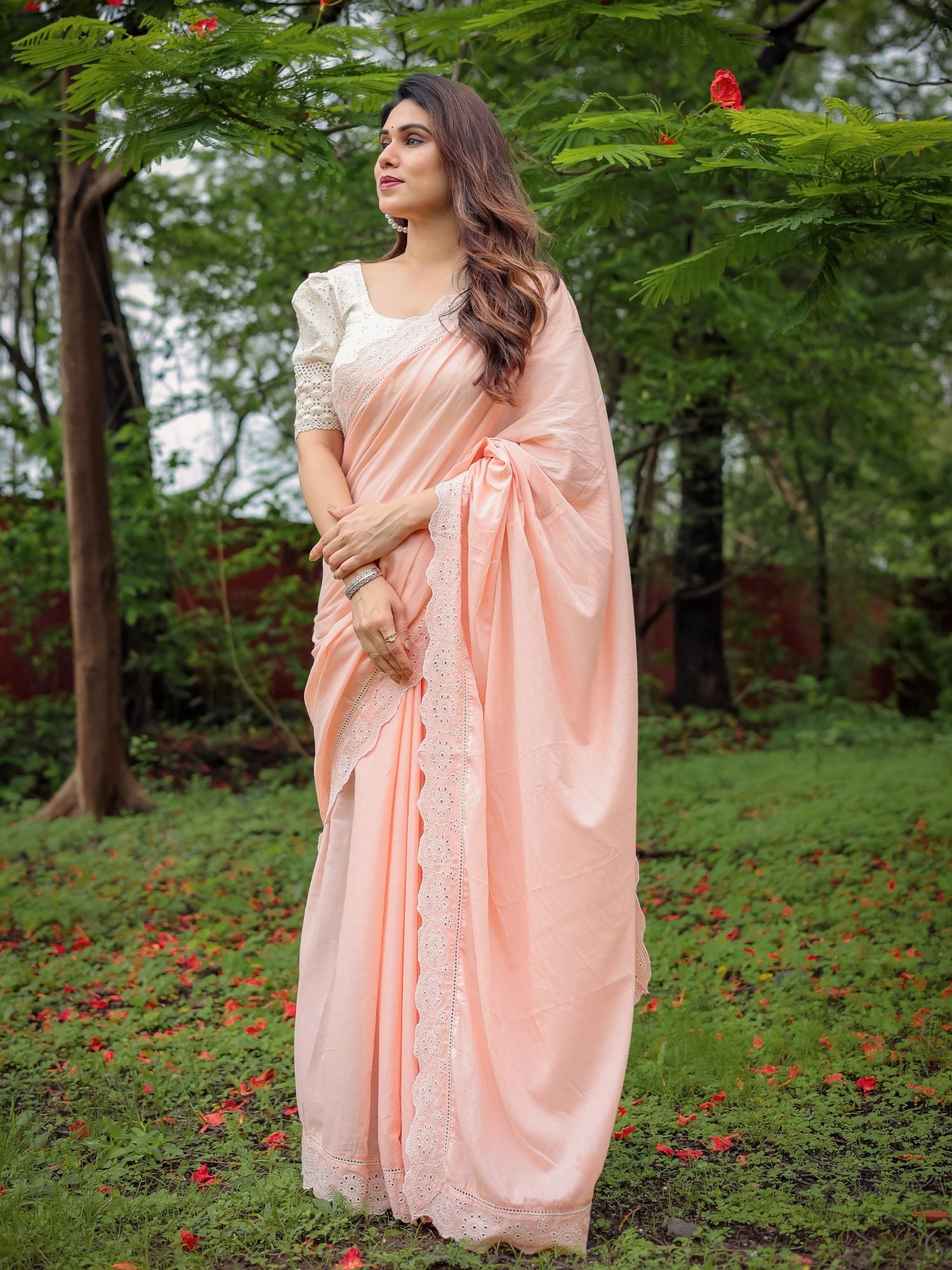 Refined Peach Cotton Lace Border Saree Schiffli Blouse - Saraswati