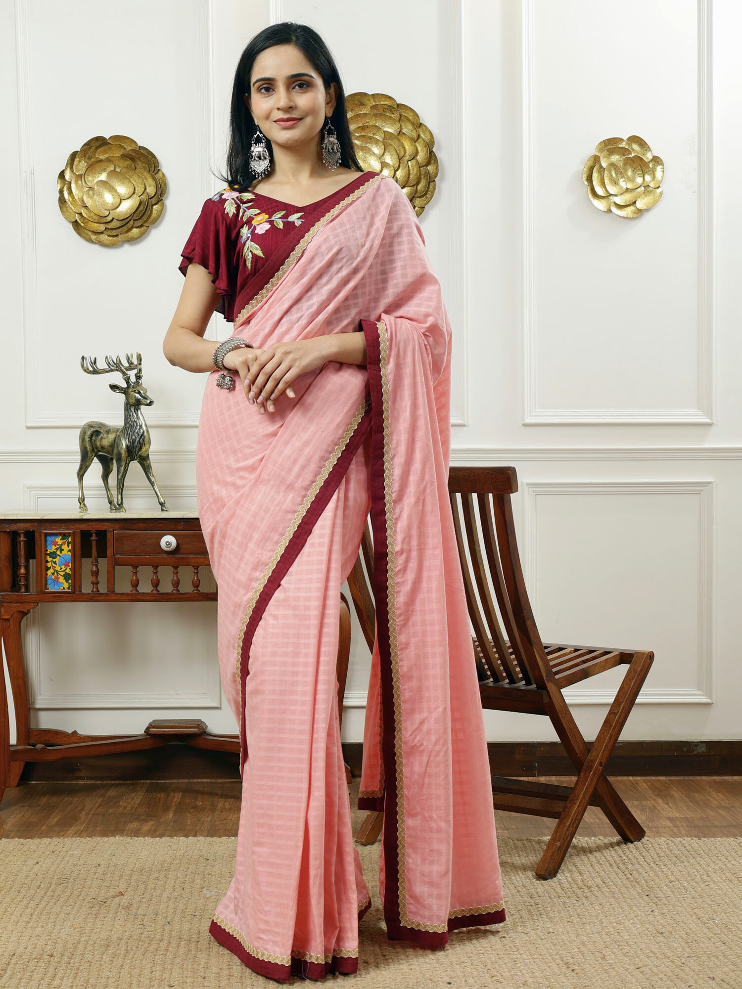 Soft Pink Cotton Check Saree Wine Border Jute Lace Embroidered Blouse