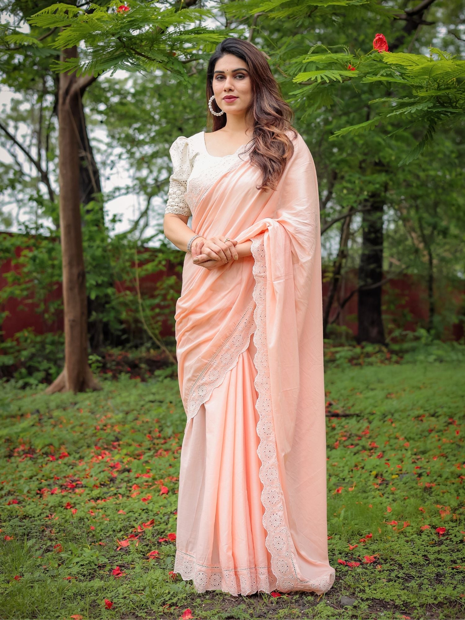 Refined Peach Cotton Lace Border Saree Schiffli Blouse - Saraswati