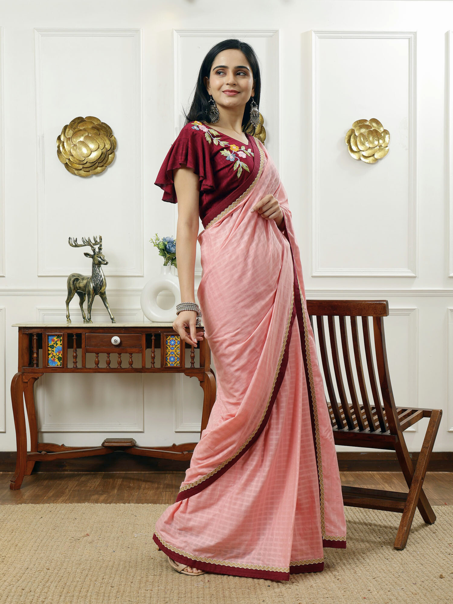 Soft Pink Cotton Check Saree Wine Border Jute Lace Embroidered Blouse