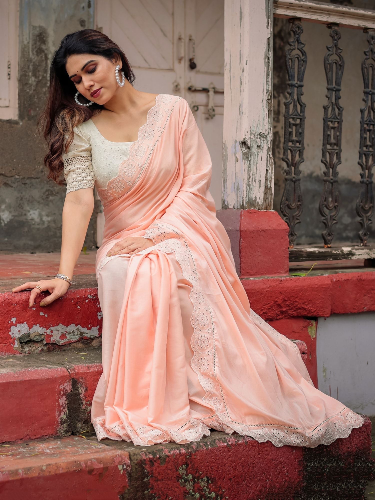 Refined Peach Cotton Lace Border Saree Schiffli Blouse - Saraswati