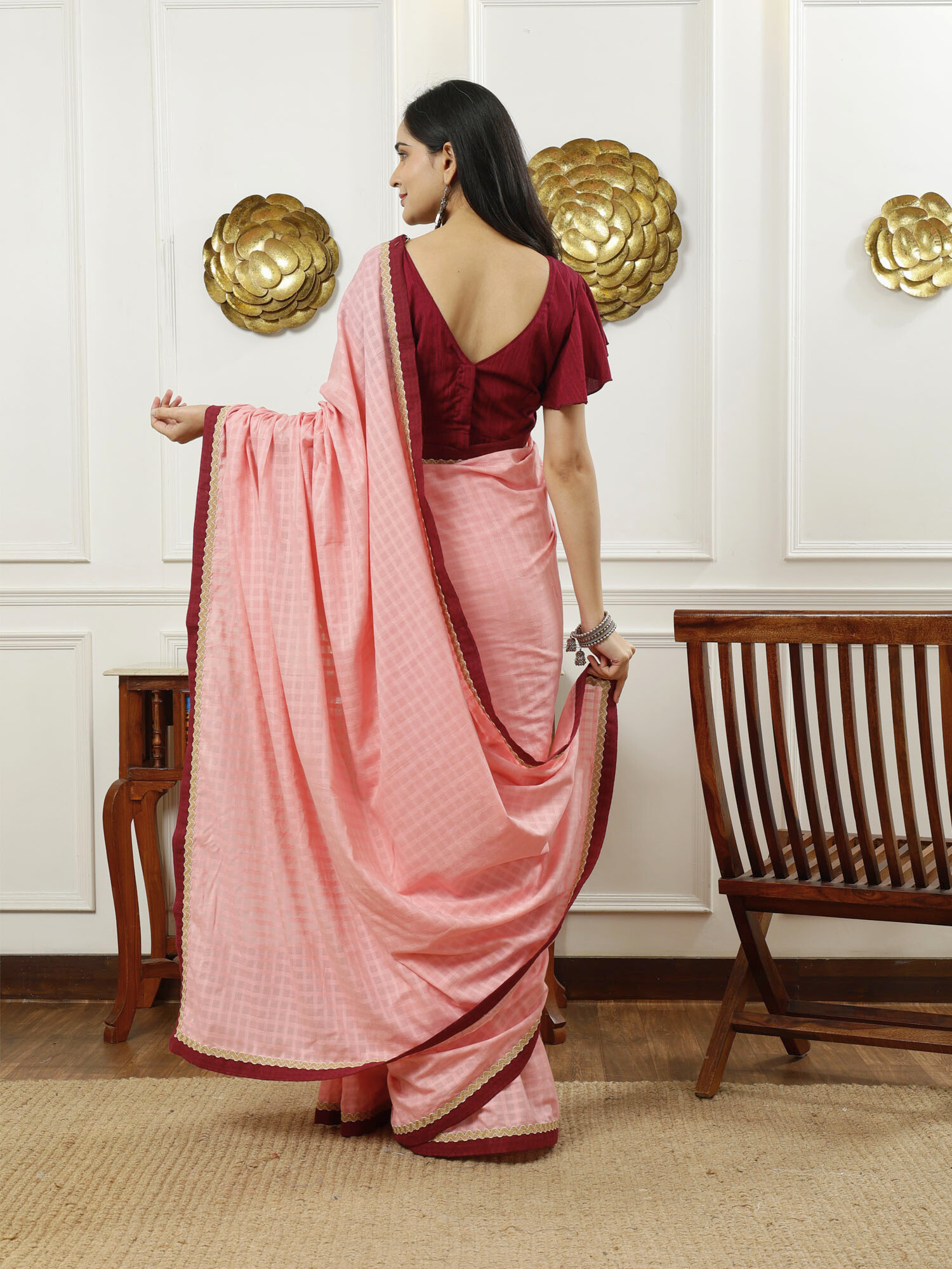 Soft Pink Cotton Check Saree Wine Border Jute Lace Embroidered Blouse
