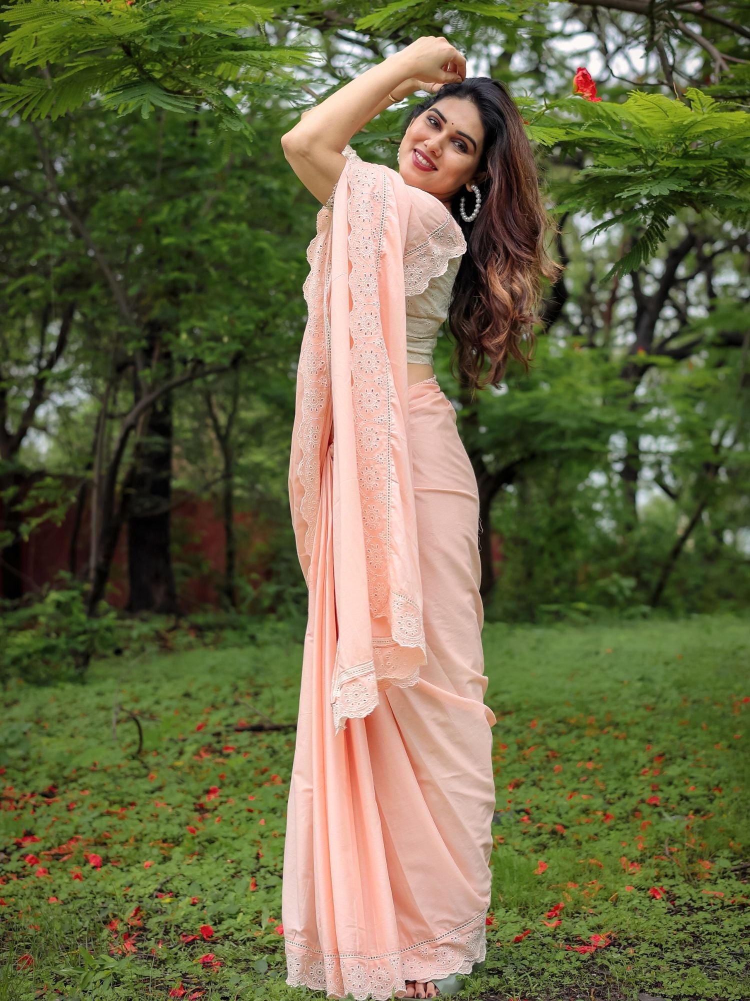 Refined Peach Cotton Lace Border Saree Schiffli Blouse - Saraswati