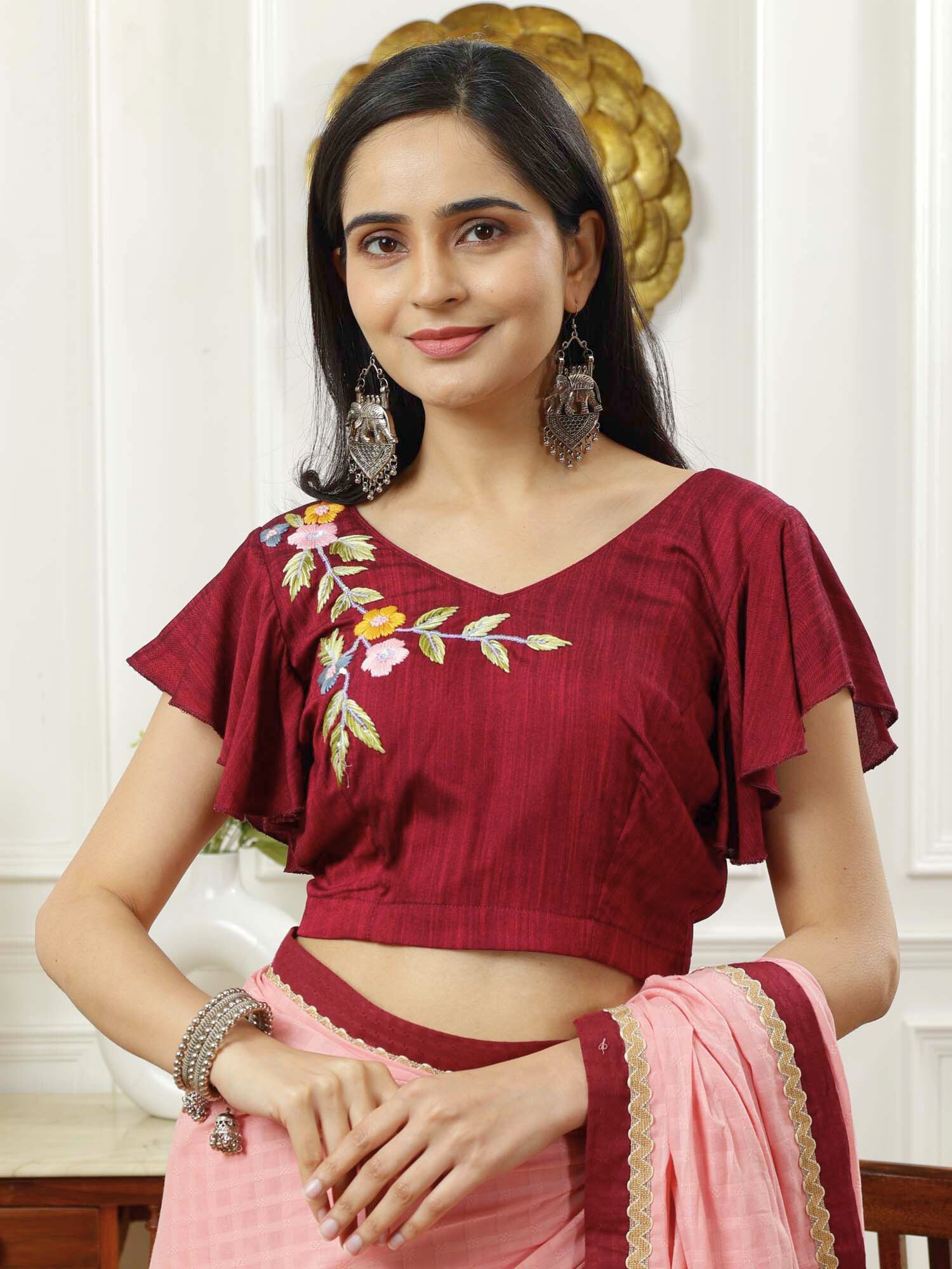 Soft Pink Cotton Check Saree Wine Border Jute Lace Embroidered Blouse