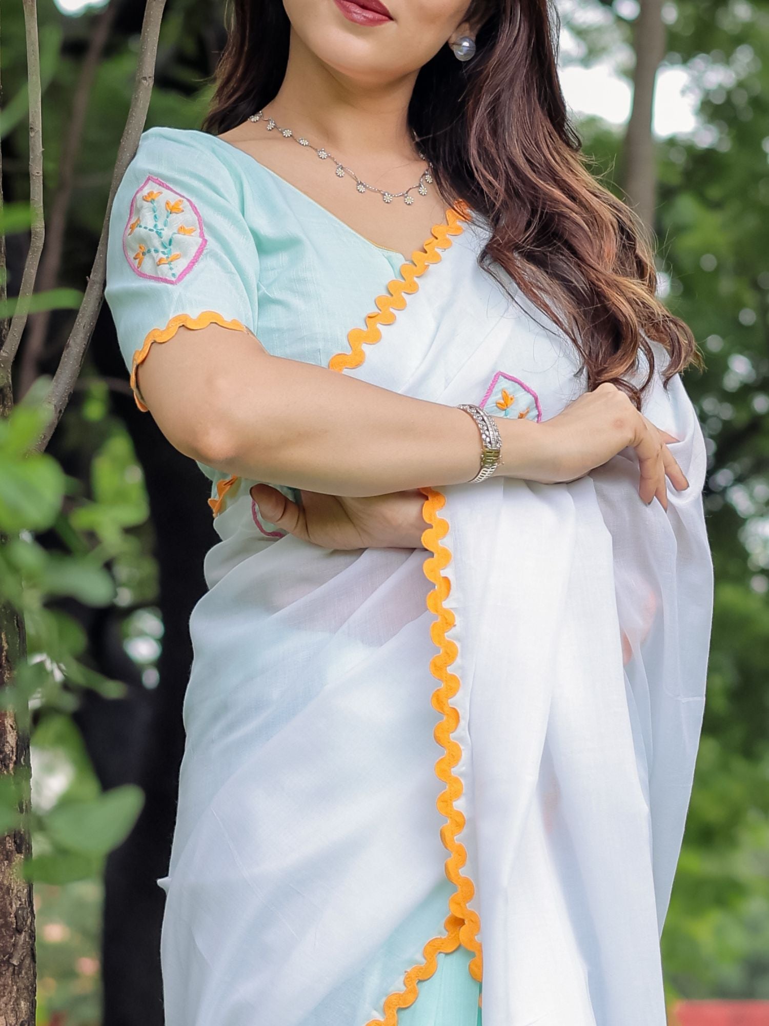 Handcrafted Sea Green White Cotton Floral Embroidery Saree Orange Blouse