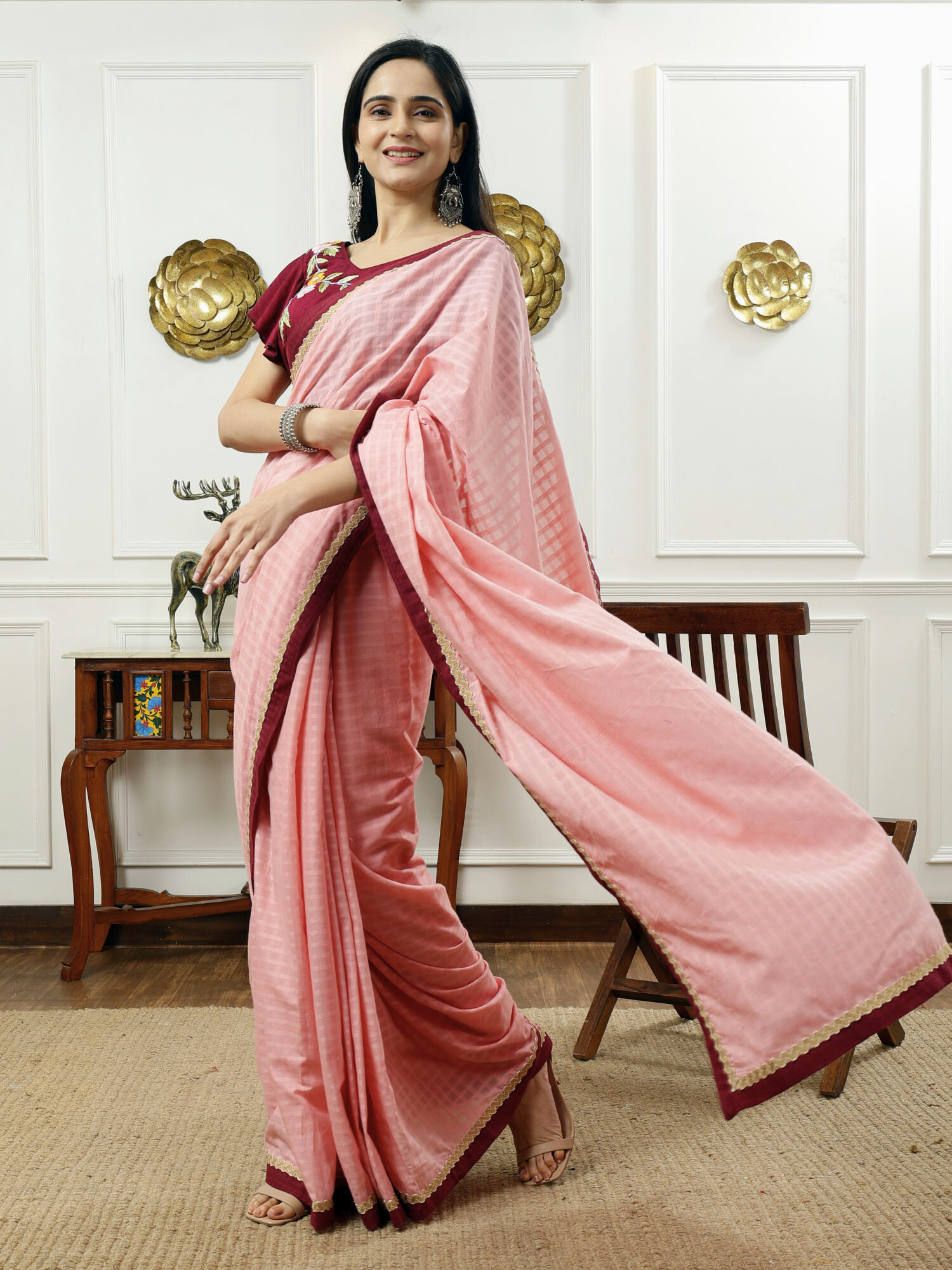 Soft Pink Cotton Check Saree Wine Border Jute Lace Embroidered Blouse