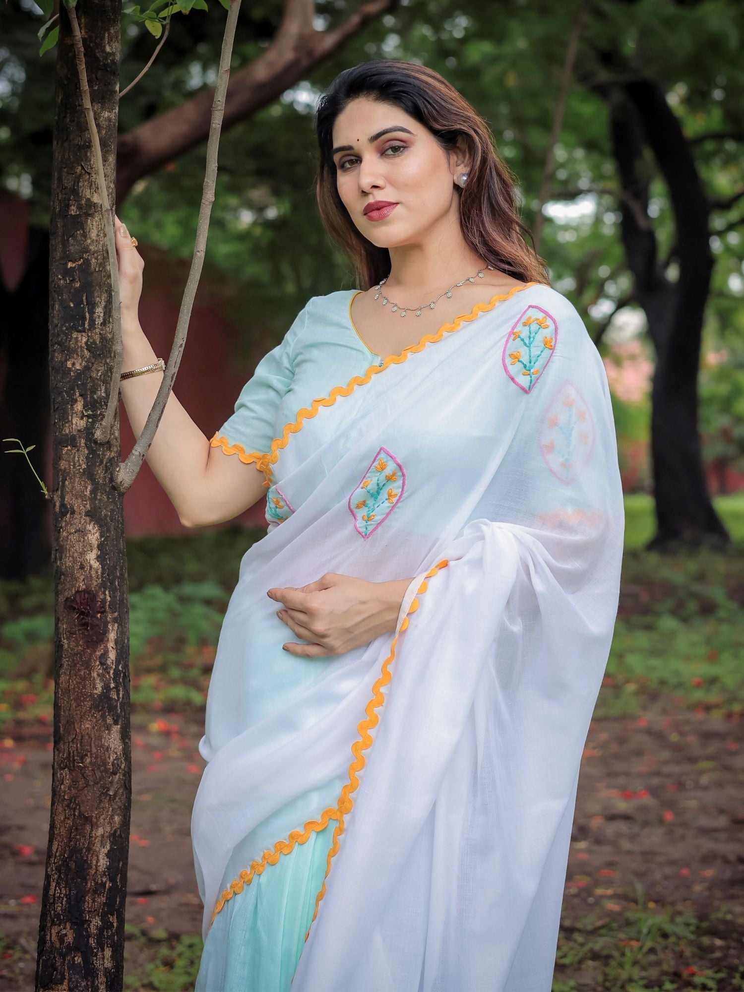 Handcrafted Sea Green White Cotton Floral Embroidery Saree Orange Blouse