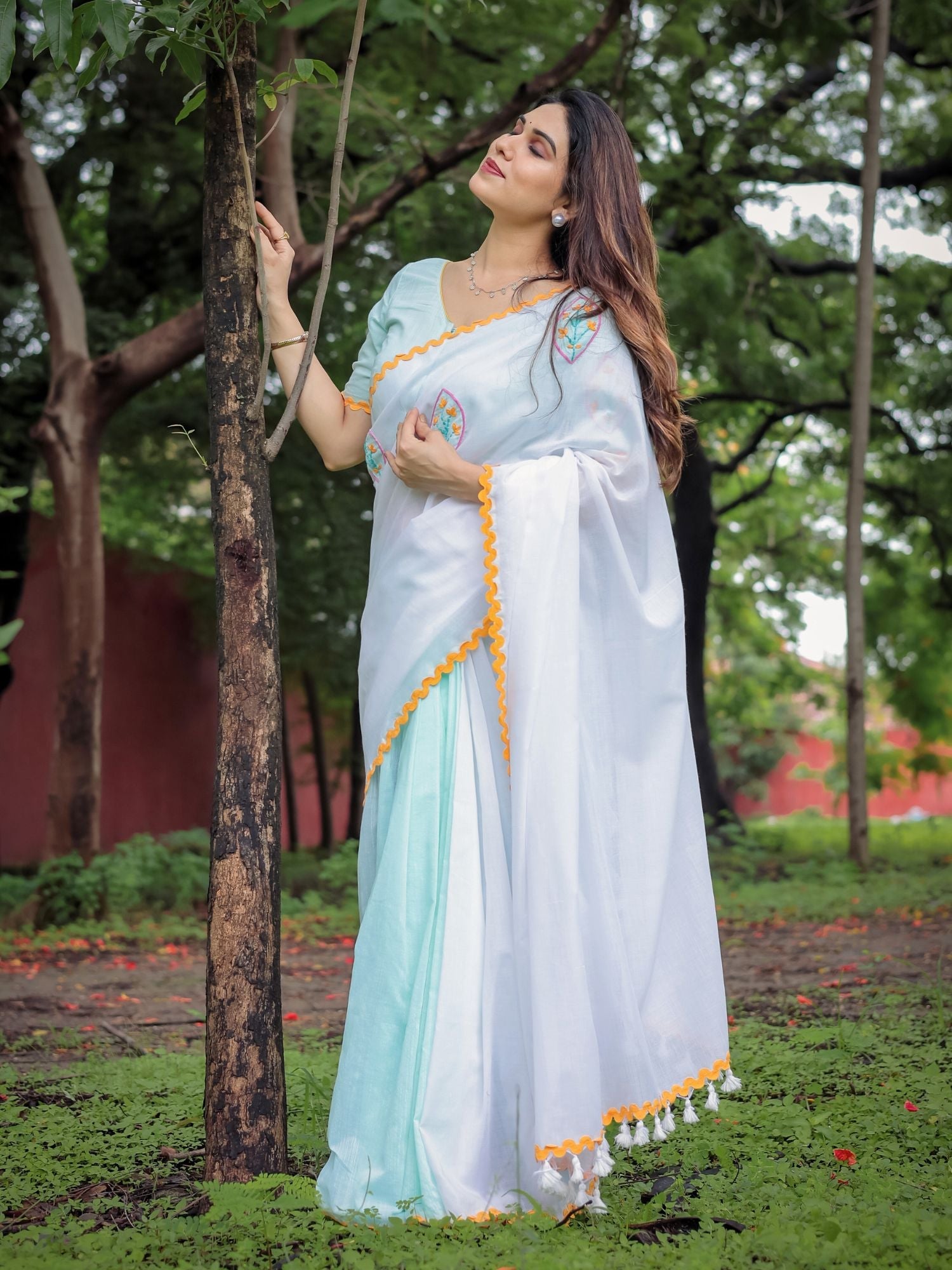 Handcrafted Sea Green White Cotton Floral Embroidery Saree Orange Blouse