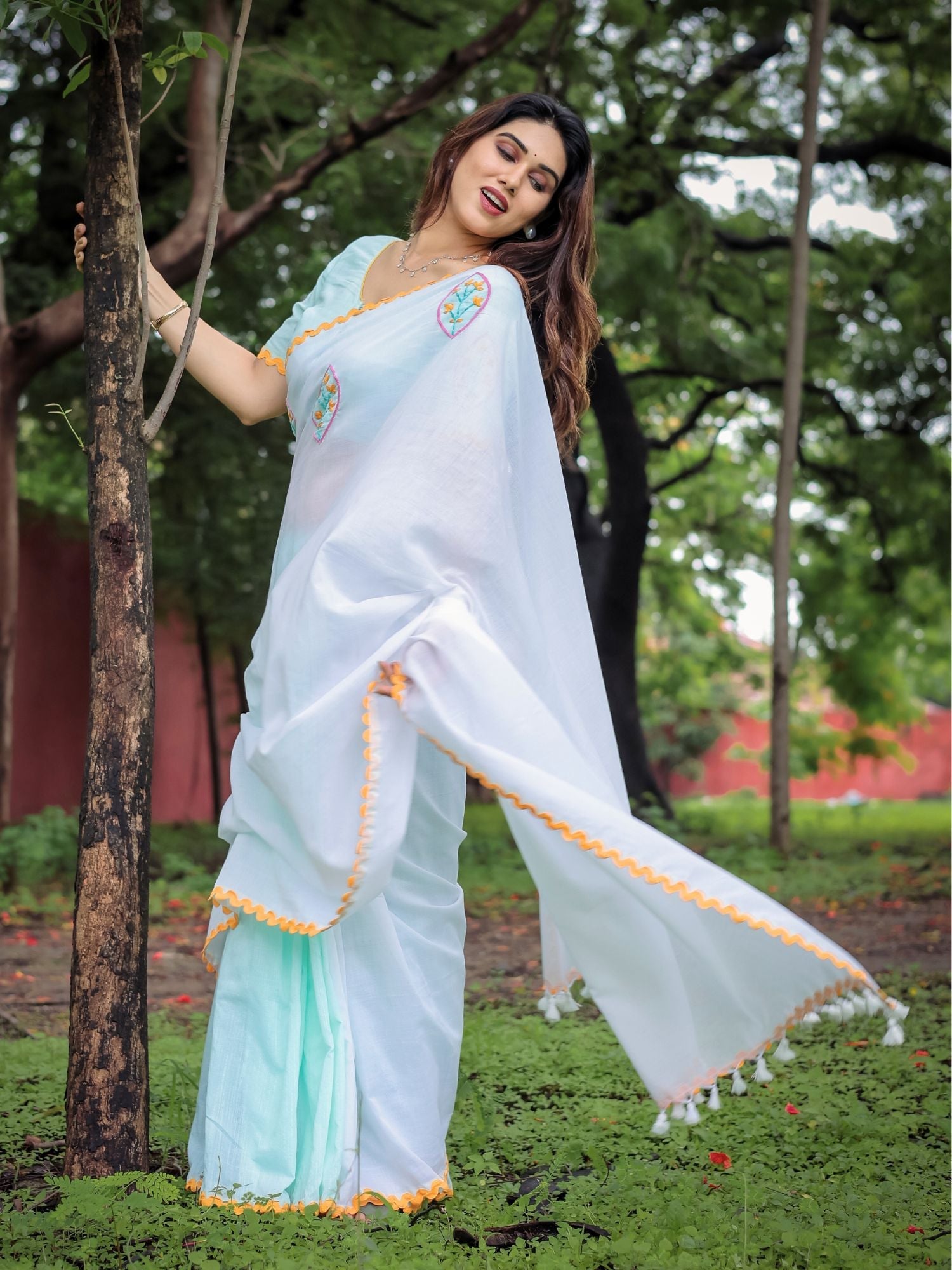 Handcrafted Sea Green White Cotton Floral Embroidery Saree Orange Blouse