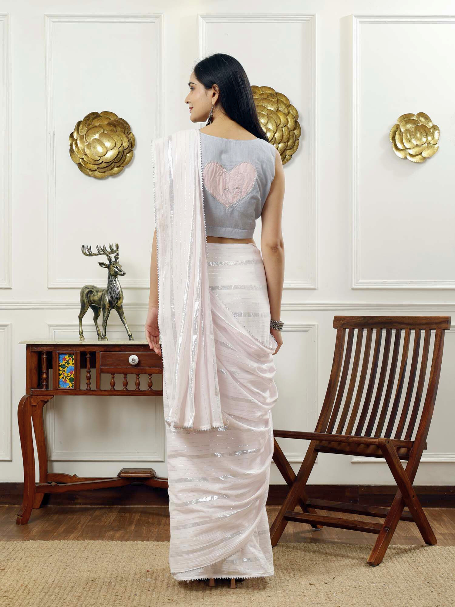 Soft Pastel Pink Cotton Lurex Stripe Saree Hand Embroidered Blouse