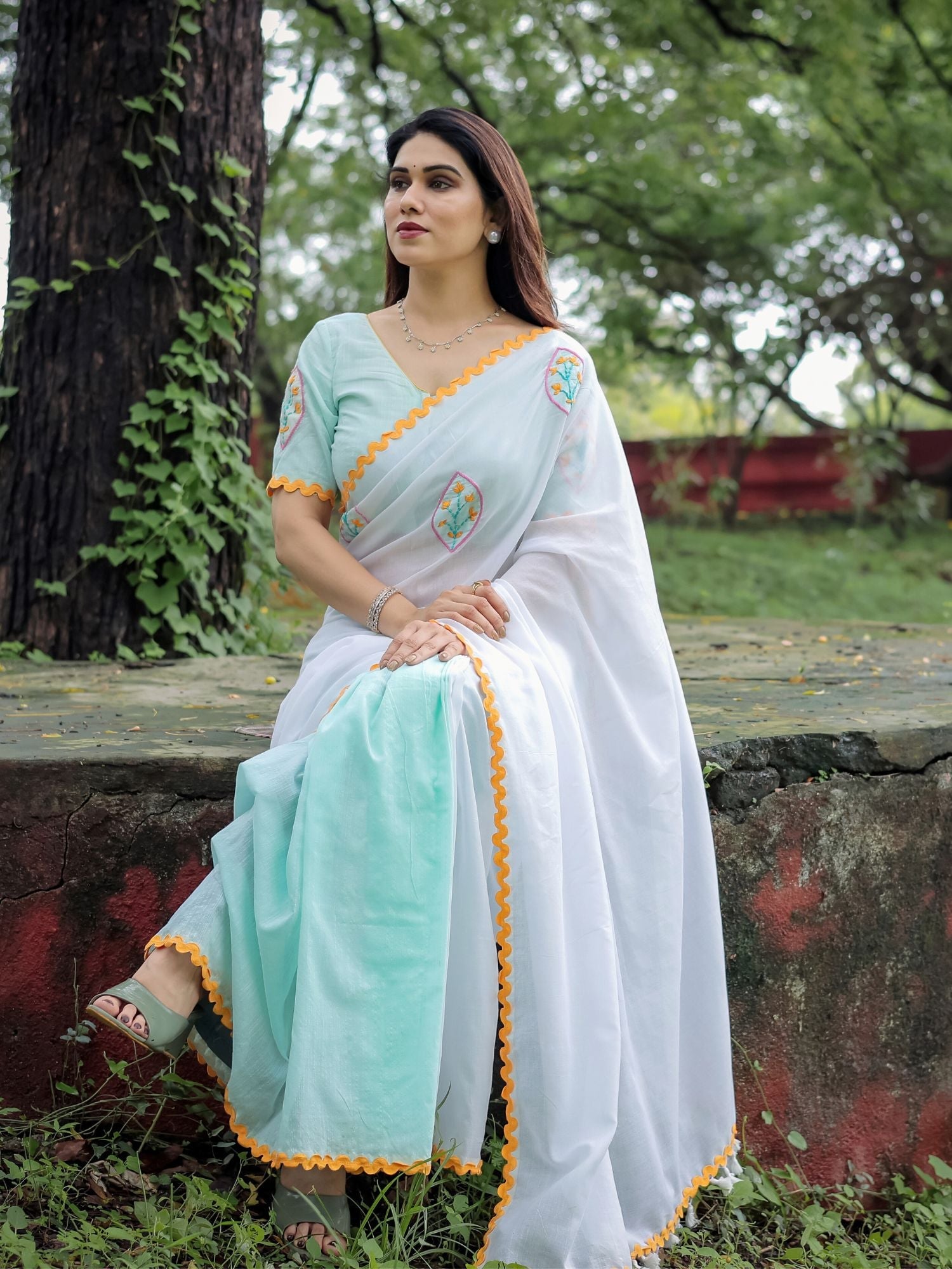 Handcrafted Sea Green White Cotton Floral Embroidery Saree Orange Blouse