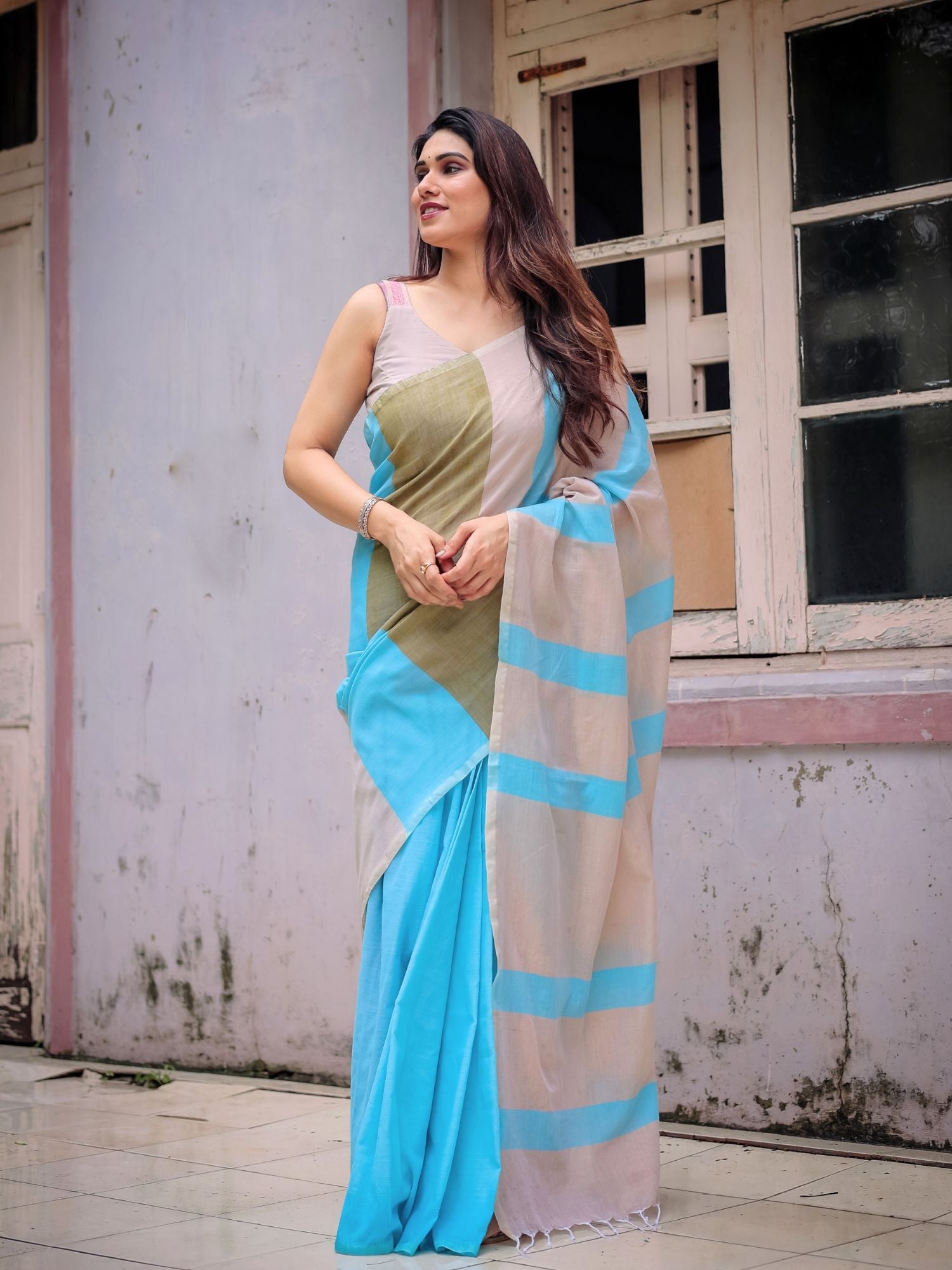 Charming Multicolor Blue Green Grey Cotton Striped Saree Beige Blouse