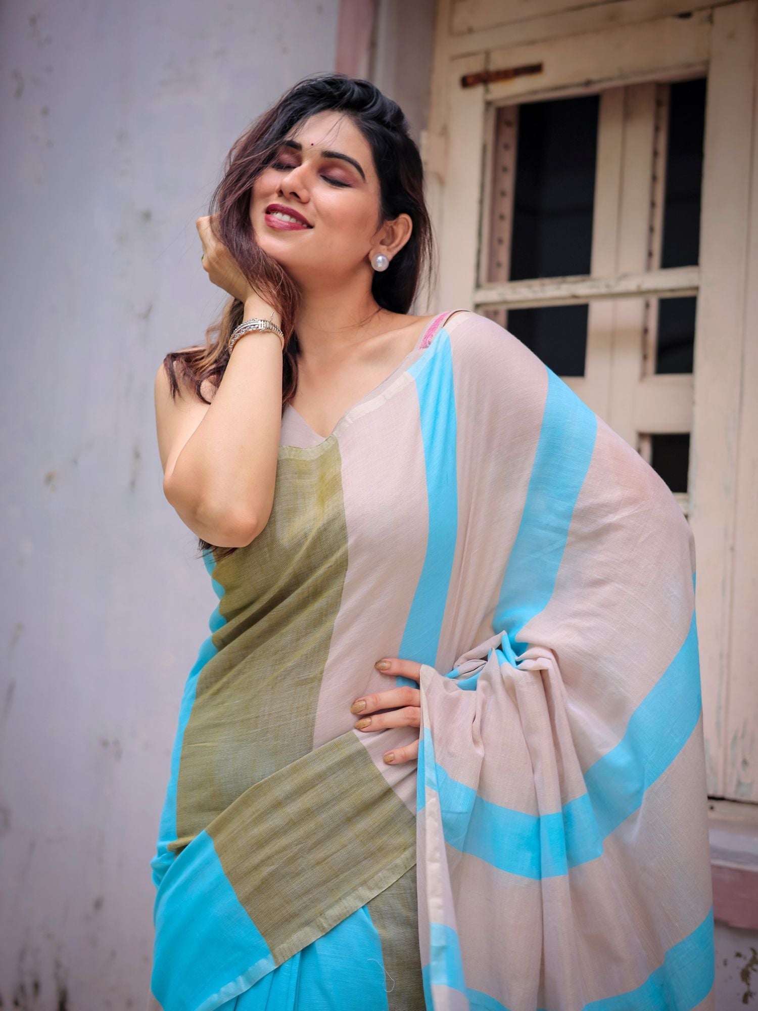 Charming Multicolor Blue Green Grey Cotton Striped Saree Beige Blouse