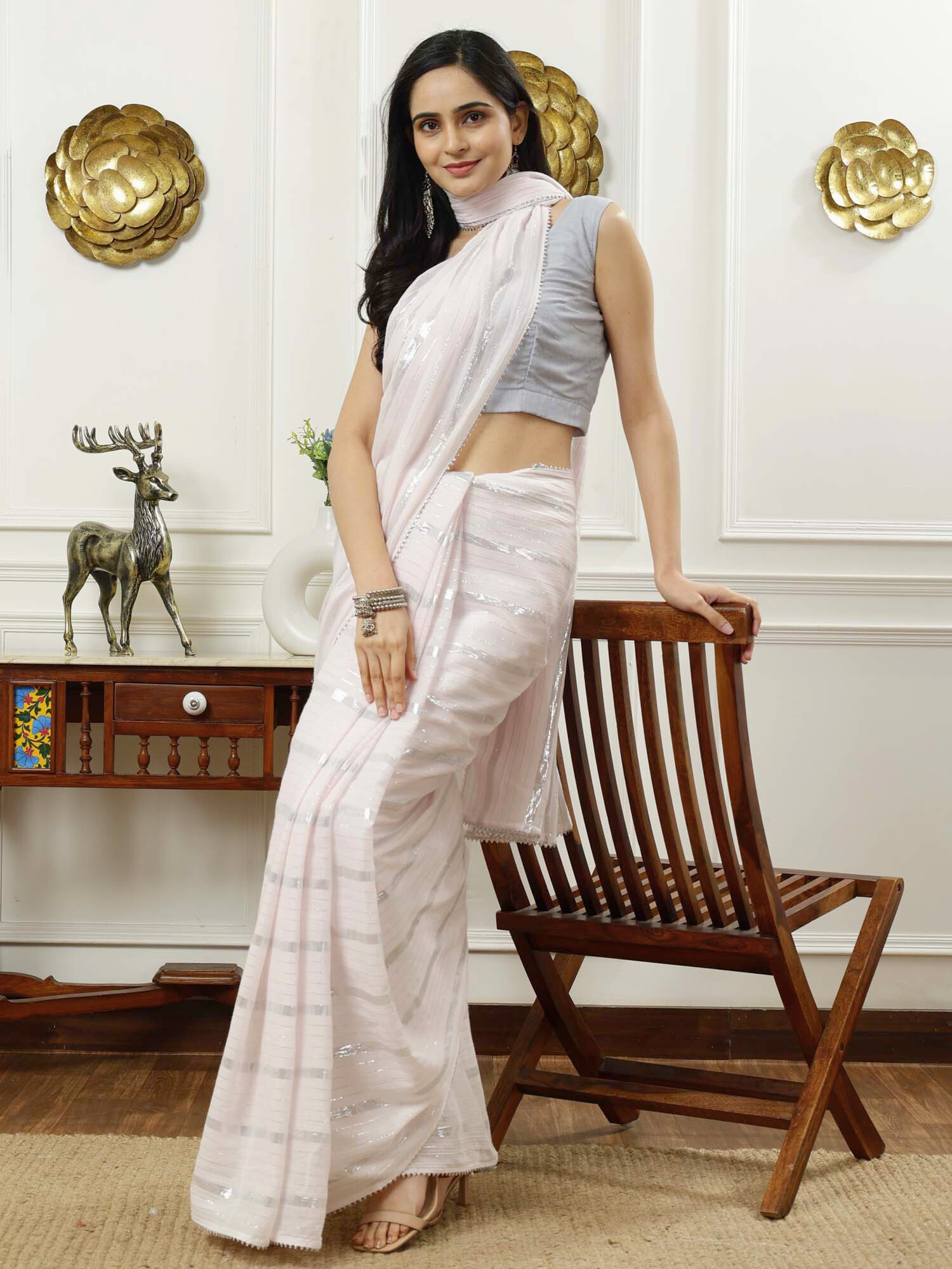 Soft Pastel Pink Cotton Lurex Stripe Saree Hand Embroidered Blouse