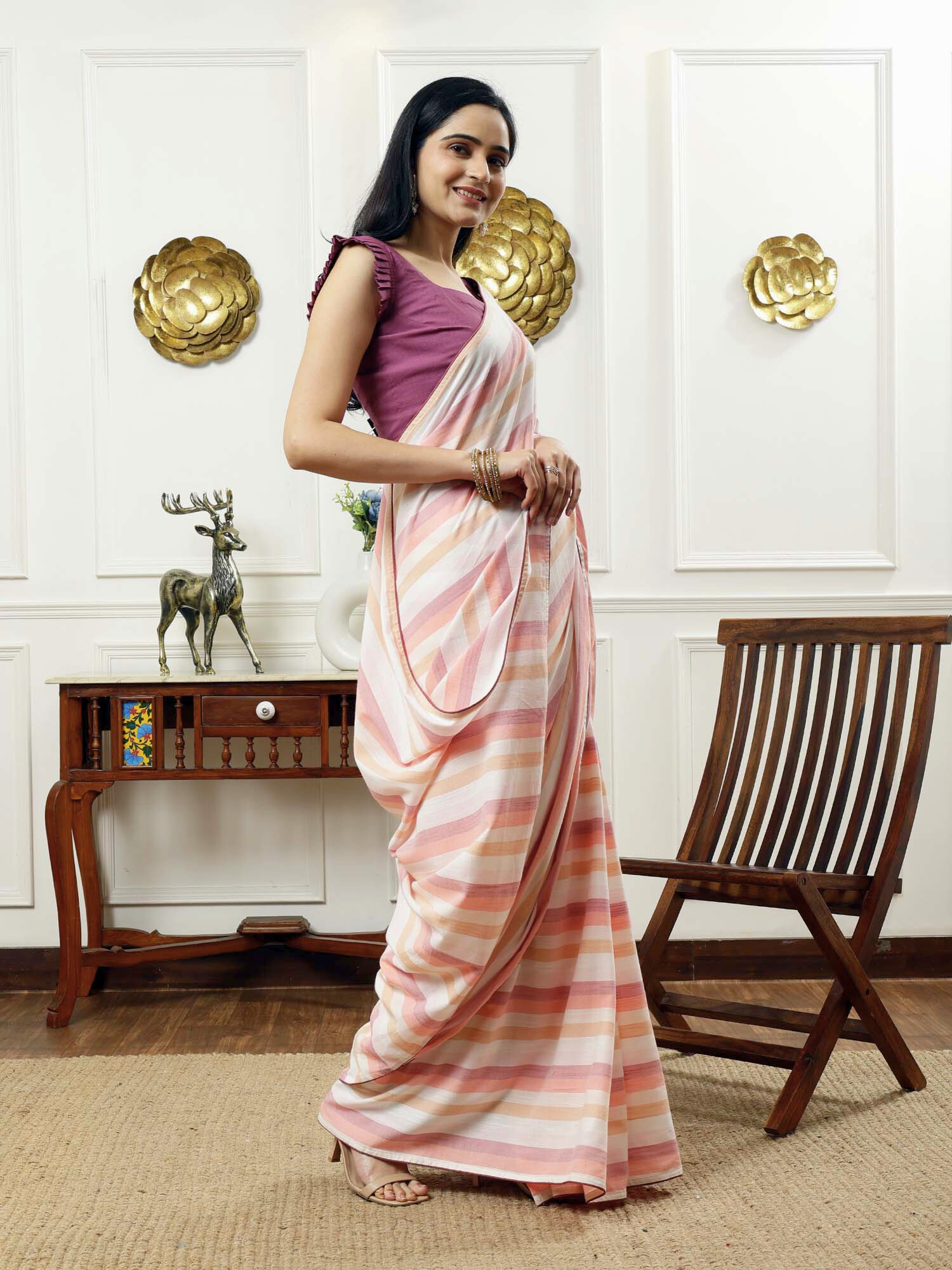 Soothing Multicolor Cotton Striped Saree Ruffle Sleeve Blouse