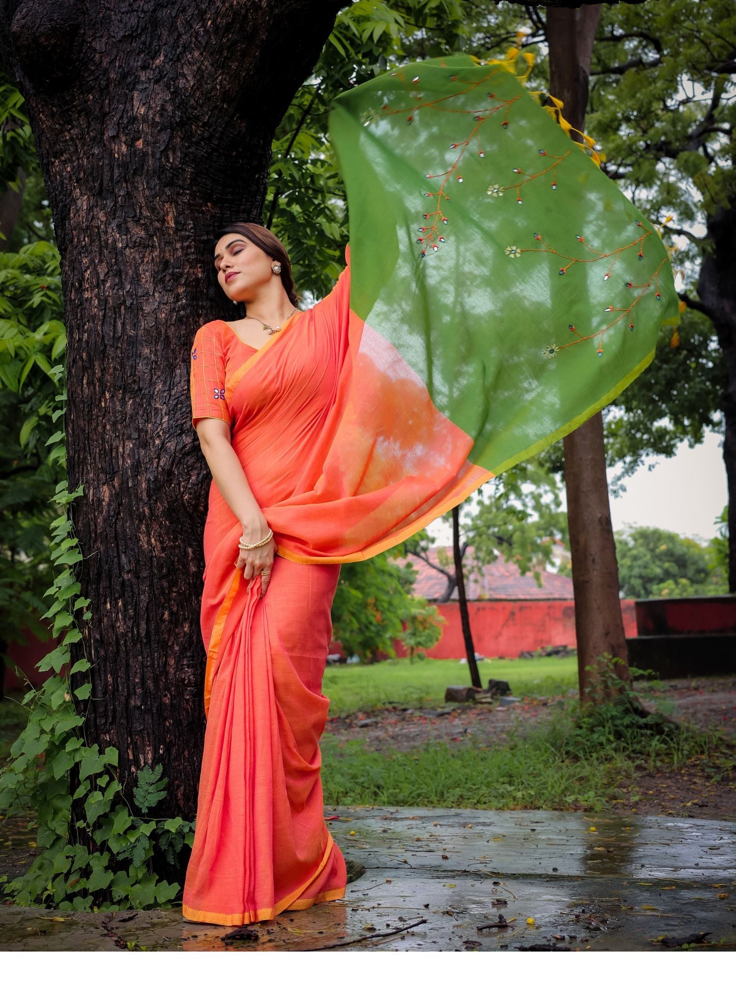 Dual Color Multicolor Orange Green Cotton Floral Embroidery Saree