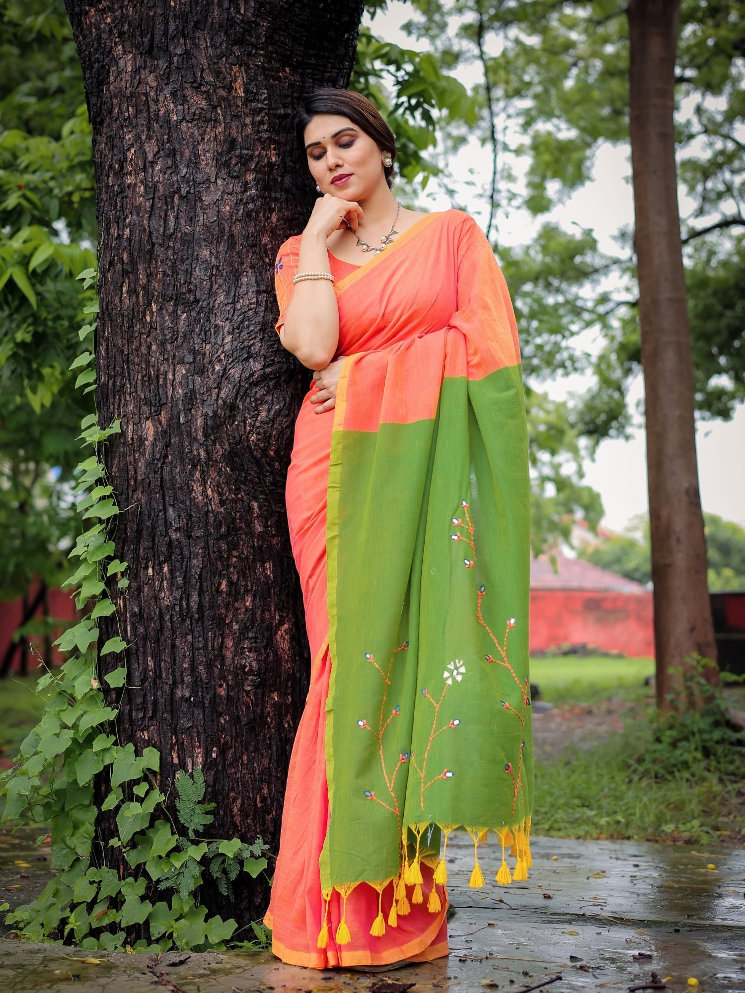 Dual Color Multicolor Orange Green Cotton Floral Embroidery Saree