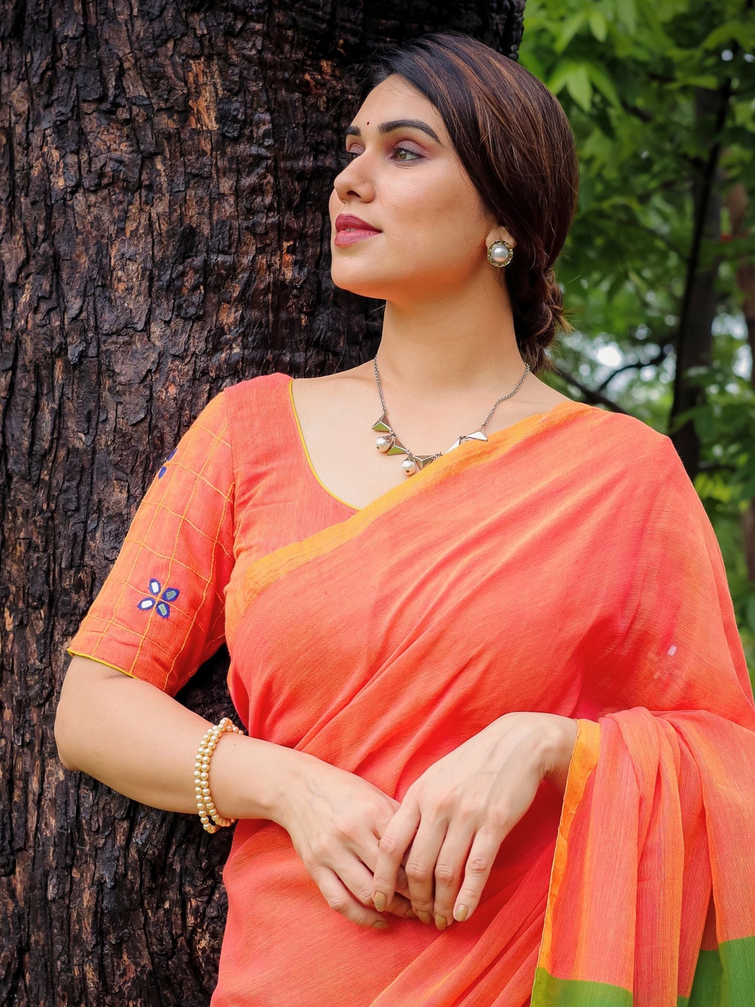 Dual Color Multicolor Orange Green Cotton Floral Embroidery Saree
