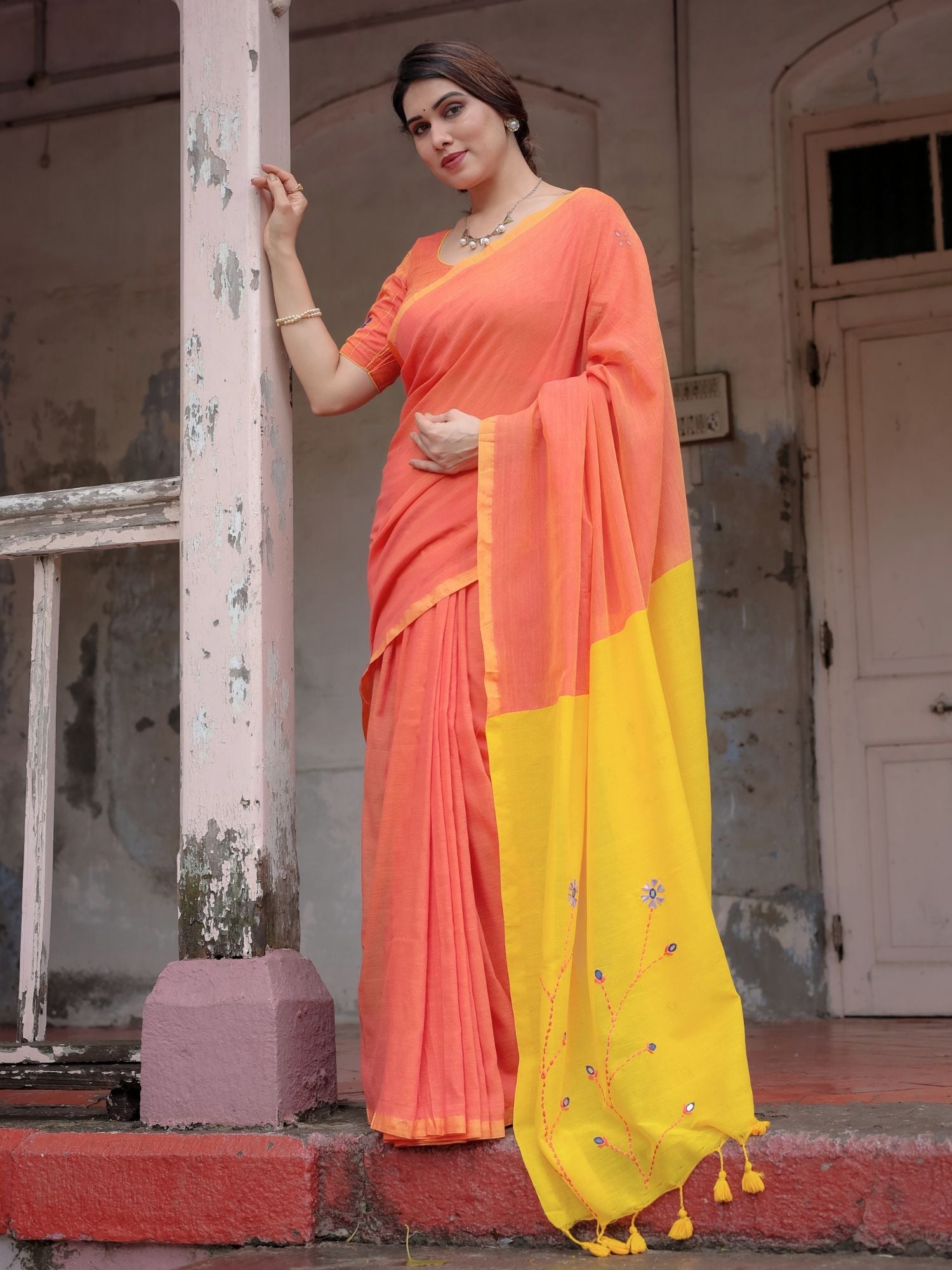 Avni Orange & Yellow Dual Tone Cotton Saree with Floral Thread Embroidery - Hand Embroidered Saree
