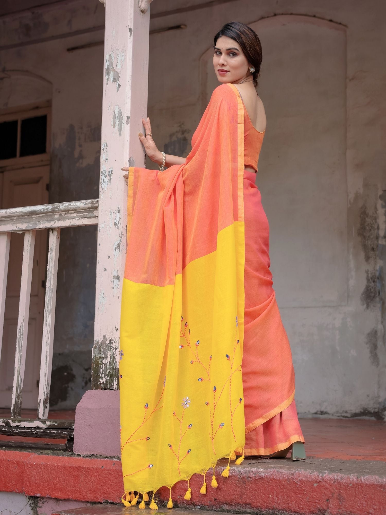 Avni Orange & Yellow Dual Tone Cotton Saree with Floral Thread Embroidery - Hand Embroidered Saree