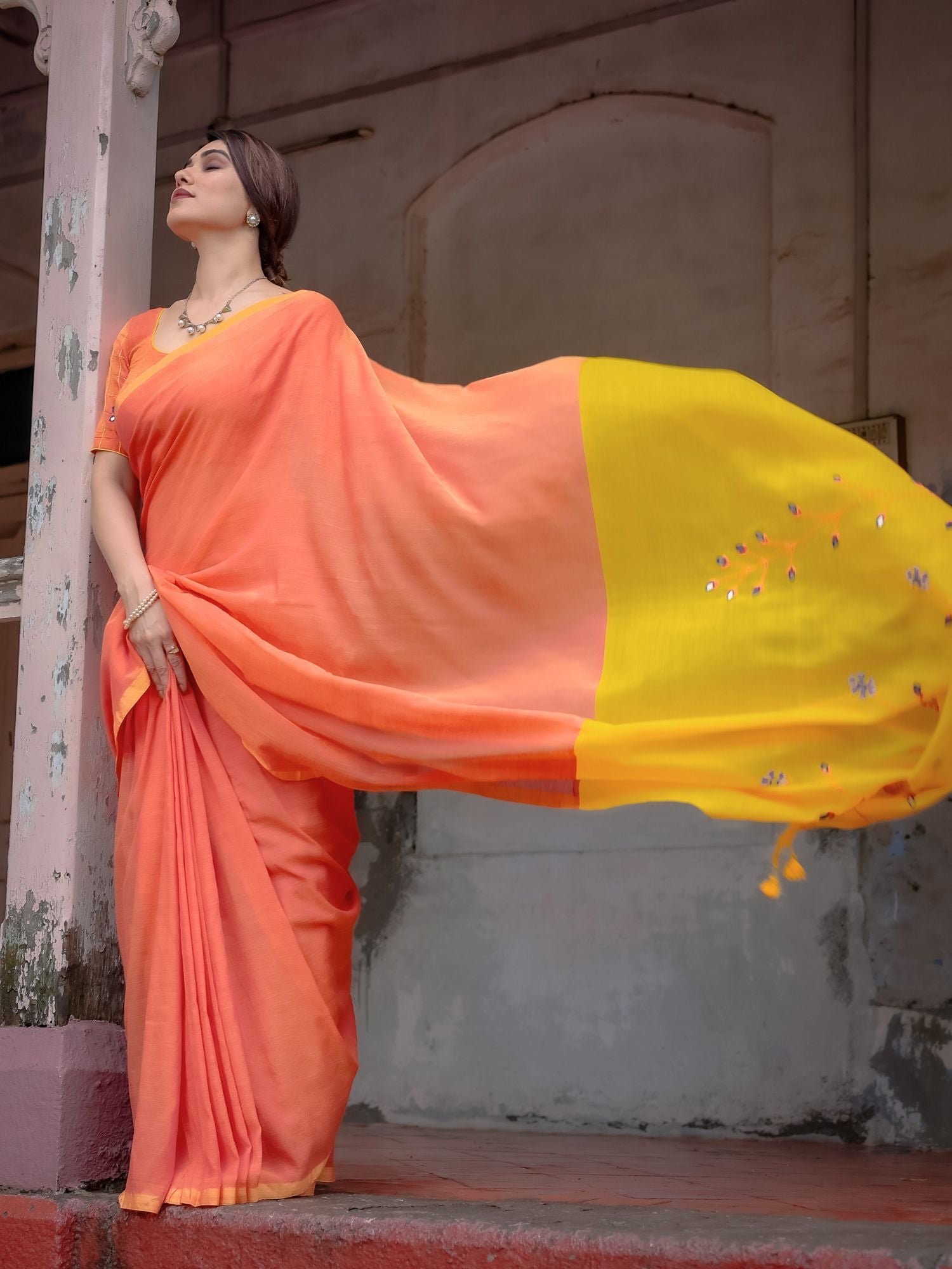 Avni Orange & Yellow Dual Tone Cotton Saree with Floral Thread Embroidery - Hand Embroidered Saree