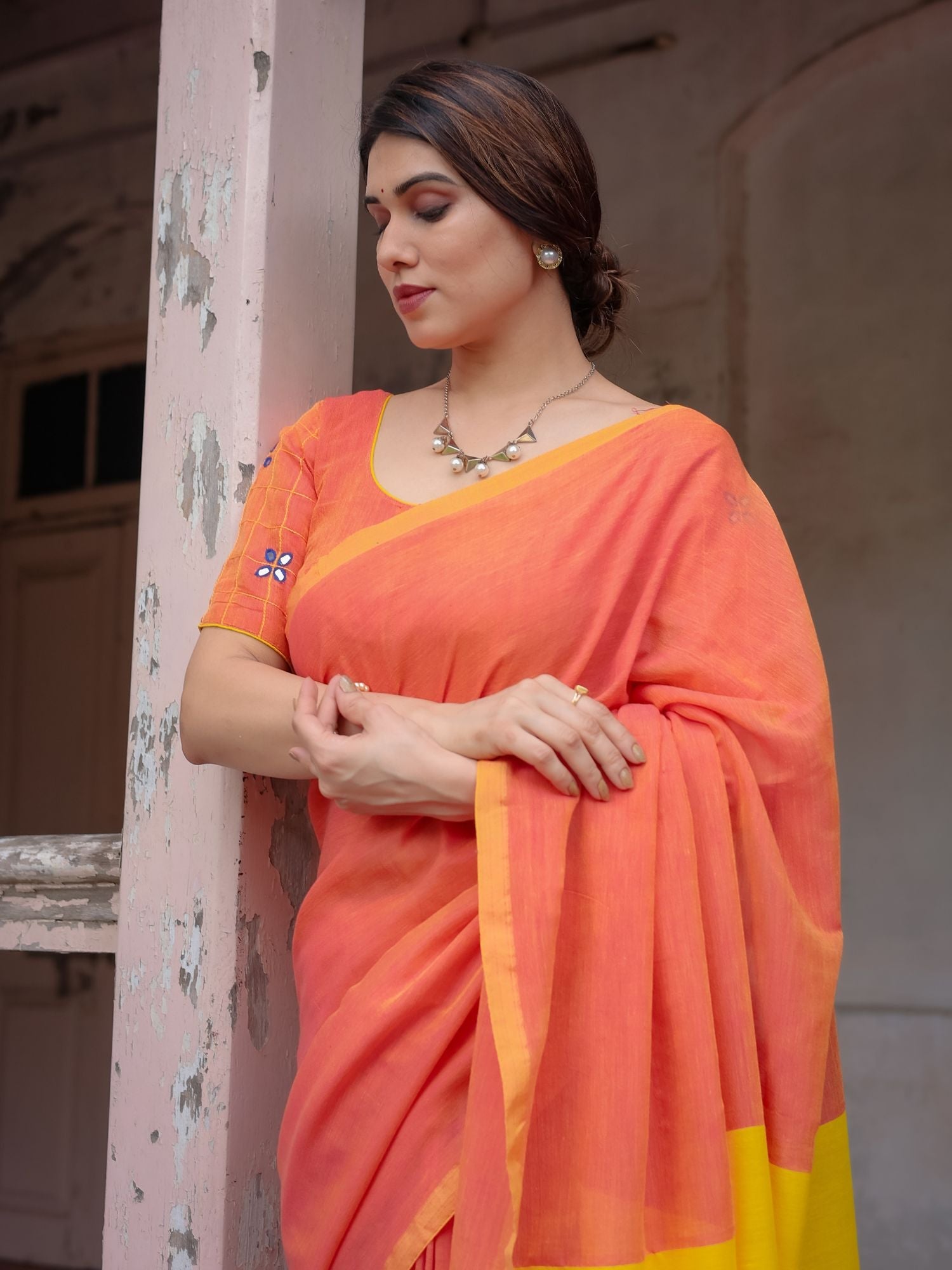 Avni Orange & Yellow Dual Tone Cotton Saree with Floral Thread Embroidery - Hand Embroidered Saree