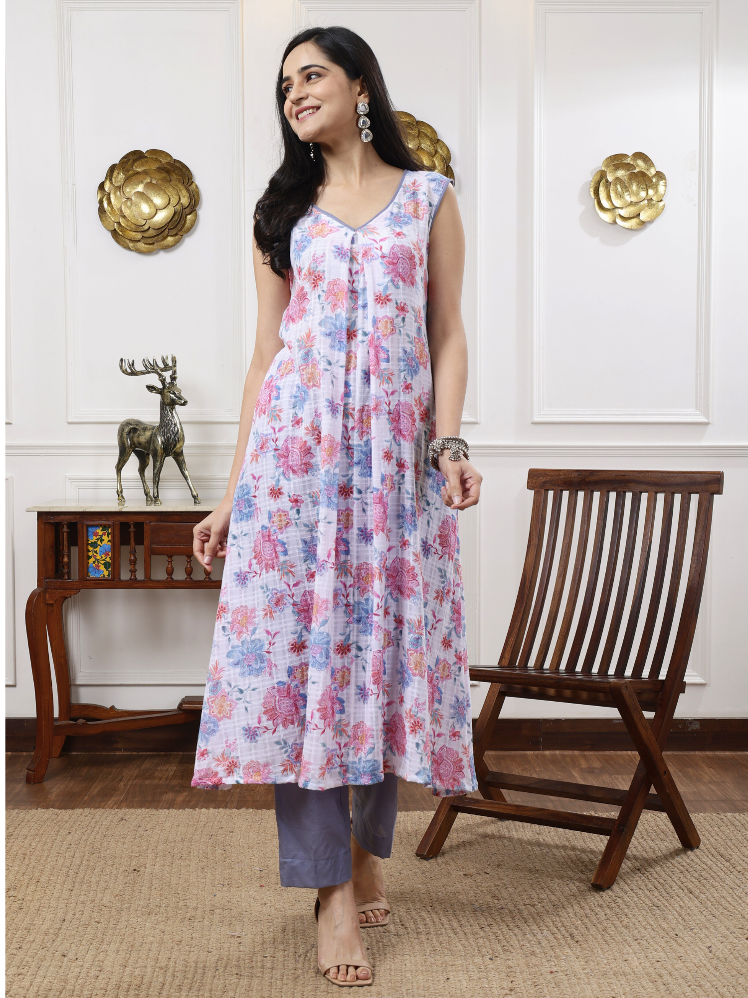 Soft Multicolor Purple Blue Cotton Floral Print A-Line Kurta Pant Set