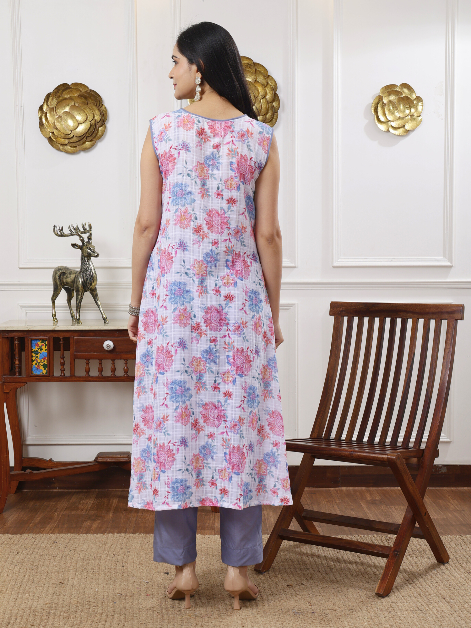 Soft Multicolor Purple Blue Cotton Floral Print A-Line Kurta Pant Set
