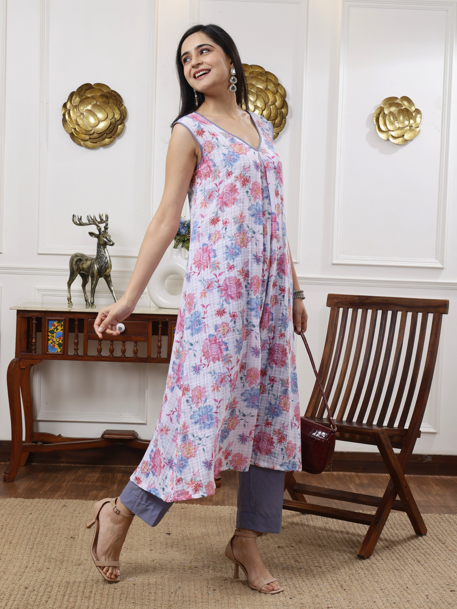 Soft Multicolor Purple Blue Cotton Floral Print A-Line Kurta Pant Set